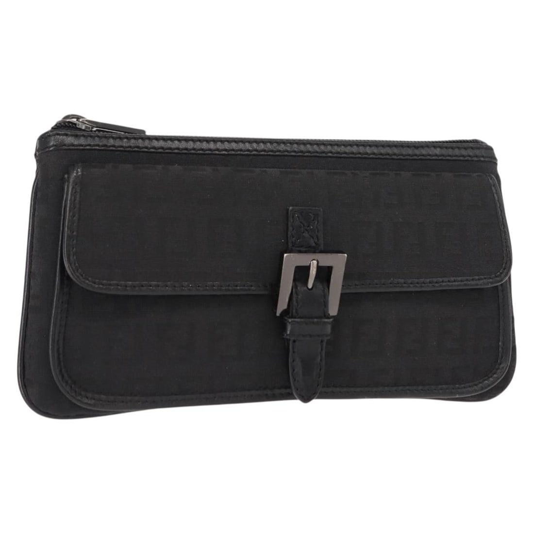 Black FF Monogram Pouch by Fendi: Black FF Monogram Pouch by Fendi This pre-owned Fendi FF Logo pouch features a sleek black design and is crafted for female use. The pouch remains in very clean condition, showing only slight rubbing