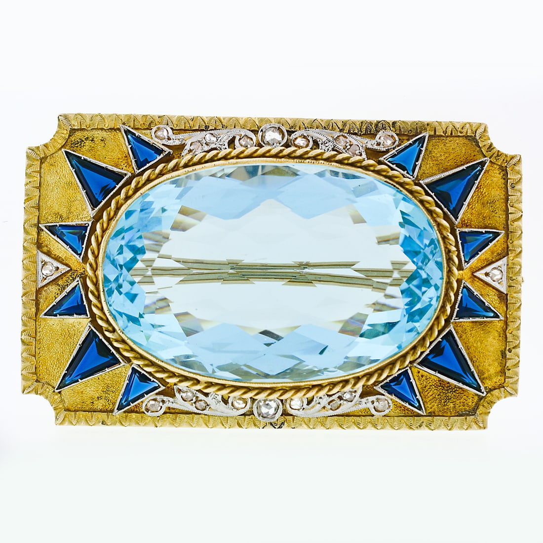 Antique Edwardian 18K Gold Blue Stone Diamond Brooch Pin: Antique Edwardian 18K Gold Blue Stone Diamond Brooch Pin Discover the elegance of this Antique Edwardian brooch, meticulously crafted from solid 18K yellow gold with platinum-topped accents. This stun