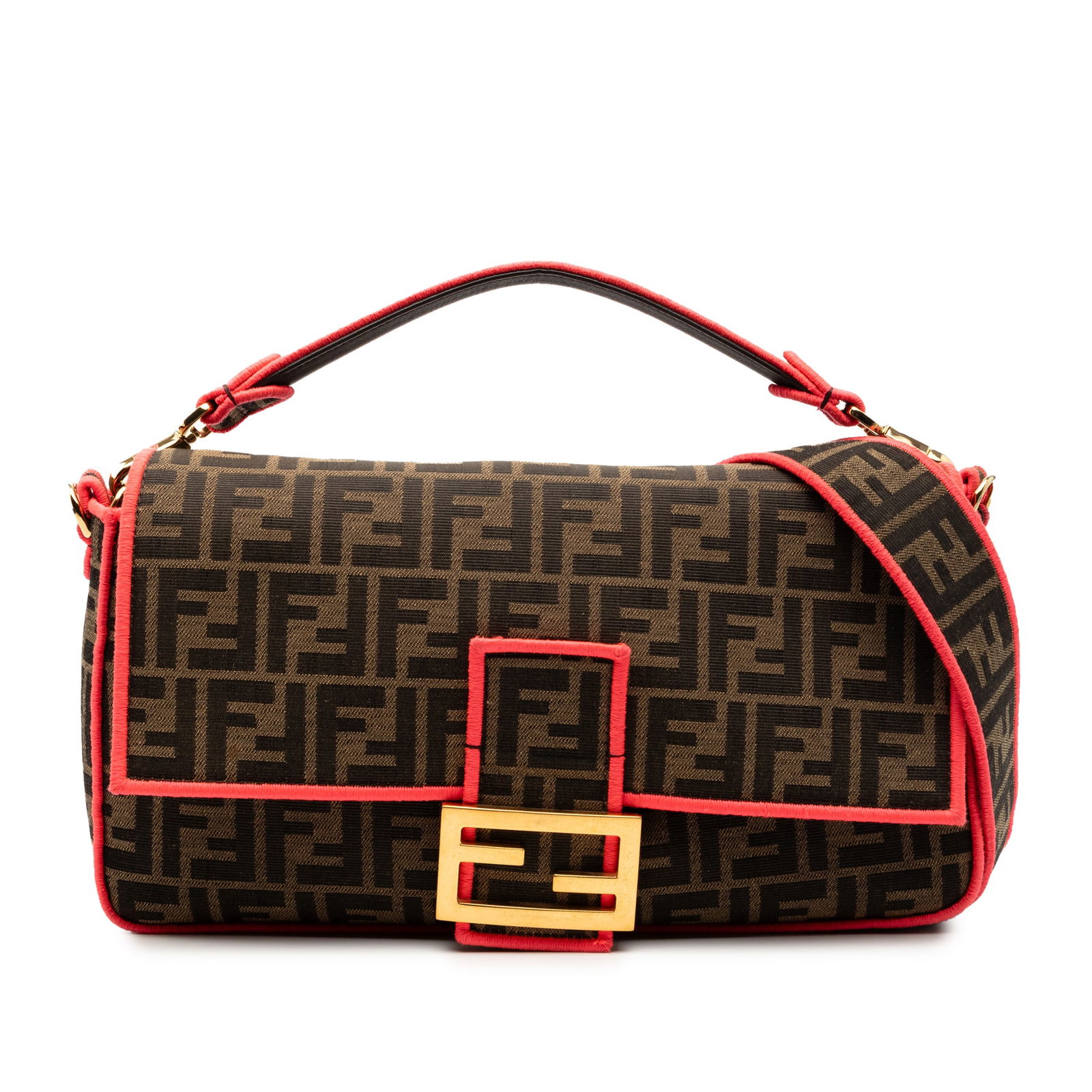 Fendi Zucca Baguette Brown Canvas Satchel with Detachable Strap: Fendi Zucca Baguette Brown Canvas Satchel with Detachable Strap The Fendi Large Zucca Canvas Baguette Satchel showcases a brown canvas body with the iconic Zucca pattern. It features a detachable flat