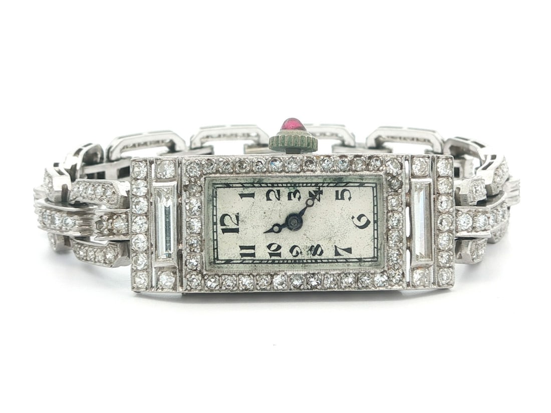 Paul Vallette Antique Art Deco Platinum Diamond Watch 4.58ctw: Paul Vallette Antique Art Deco Platinum Diamond Watch 4.58ctw Experience timeless elegance with this Antique Art Deco Platinum Watch Bracelet featuring a stunning array of diamonds. This exquisite wri