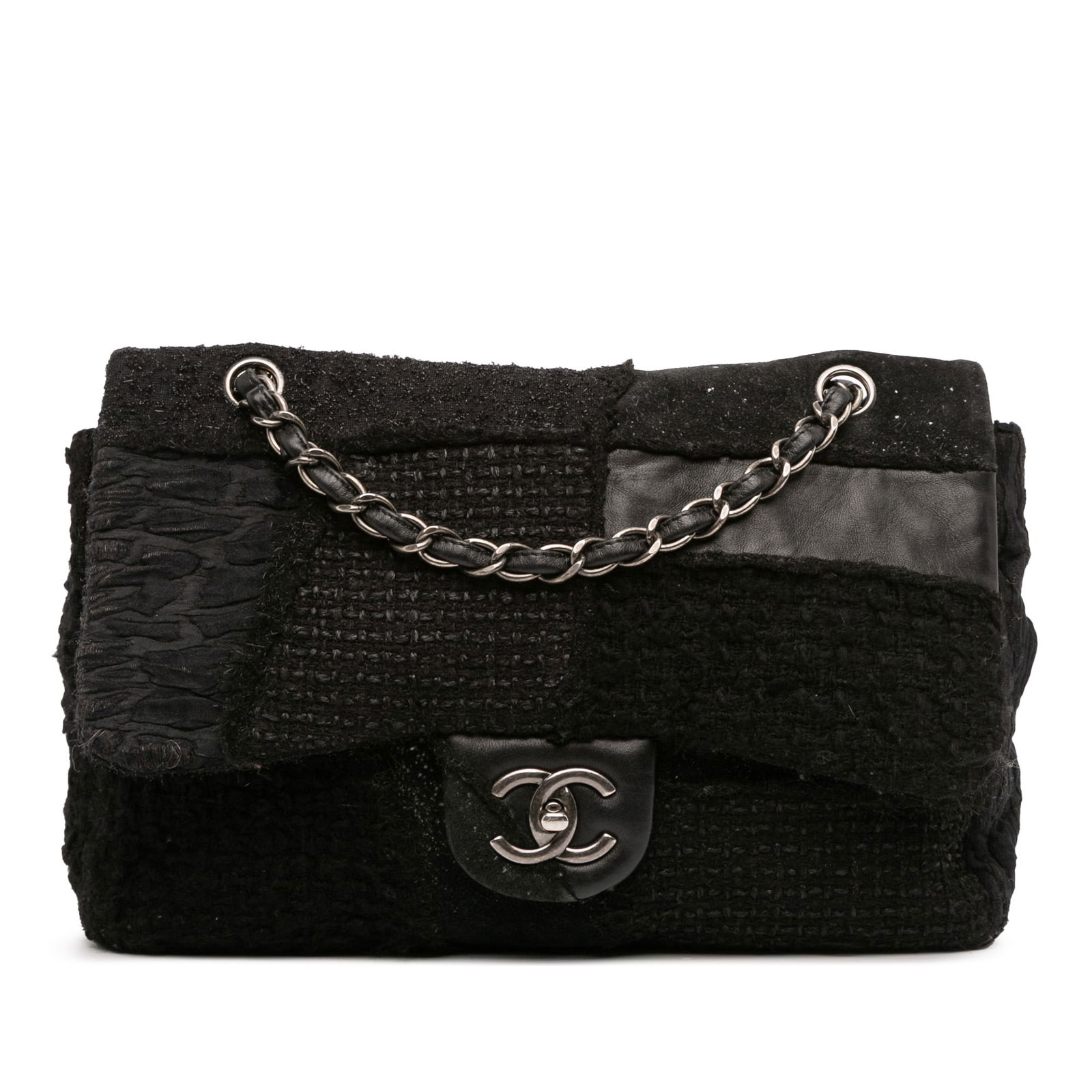 Chanel Jumbo Patchwork Tweed Flap Shoulder Bag Black Fabric (1 of 13)