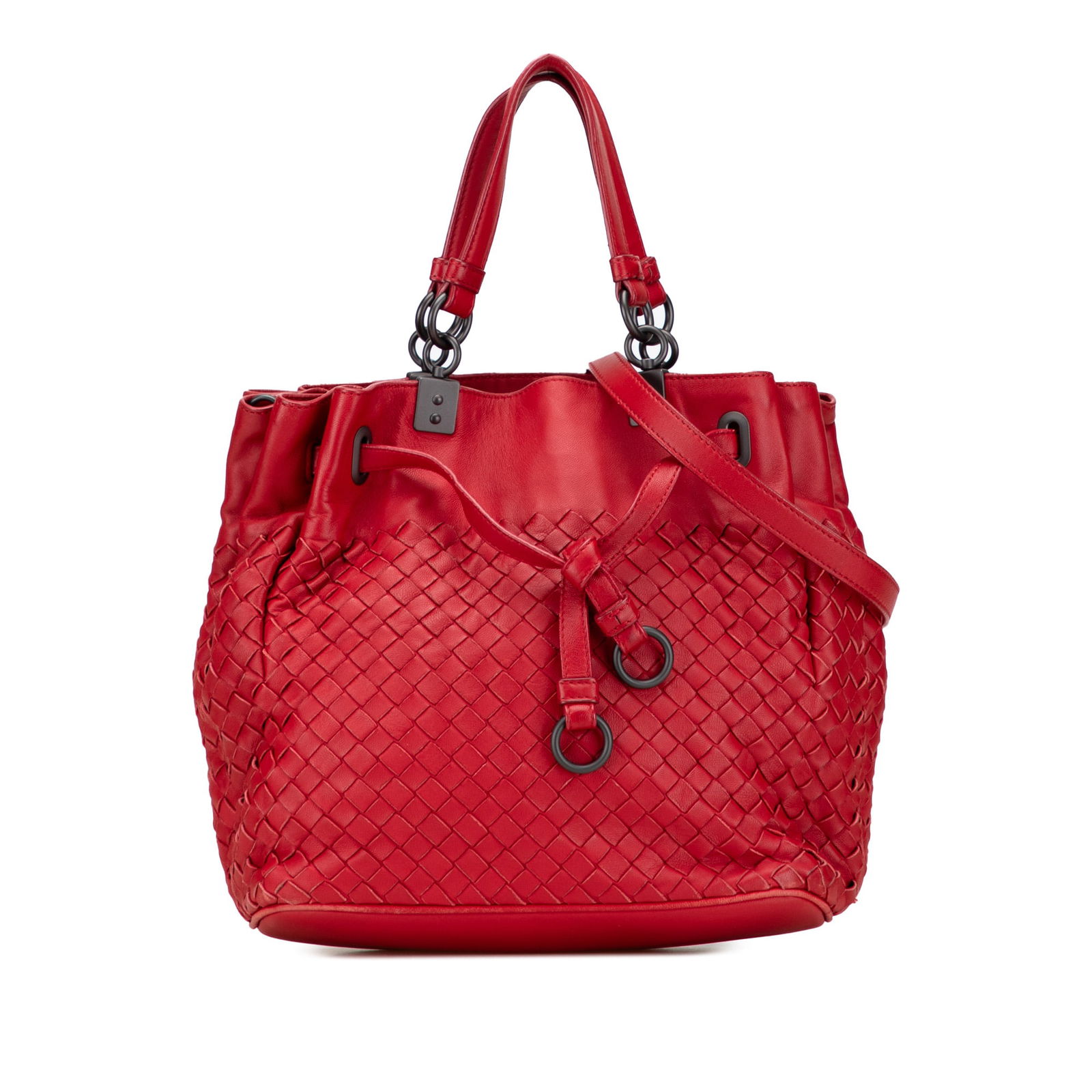 Bottega Veneta Red Nappa Intrecciato Bucket Bag with Drawstring Closure: Bottega Veneta Red Nappa Intrecciato Bucket Bag with Drawstring Closure Elevate your accessory collection with this Bottega Veneta Nappa Intrecciato Bucket Bag. Expertly crafted from woven nappa leath