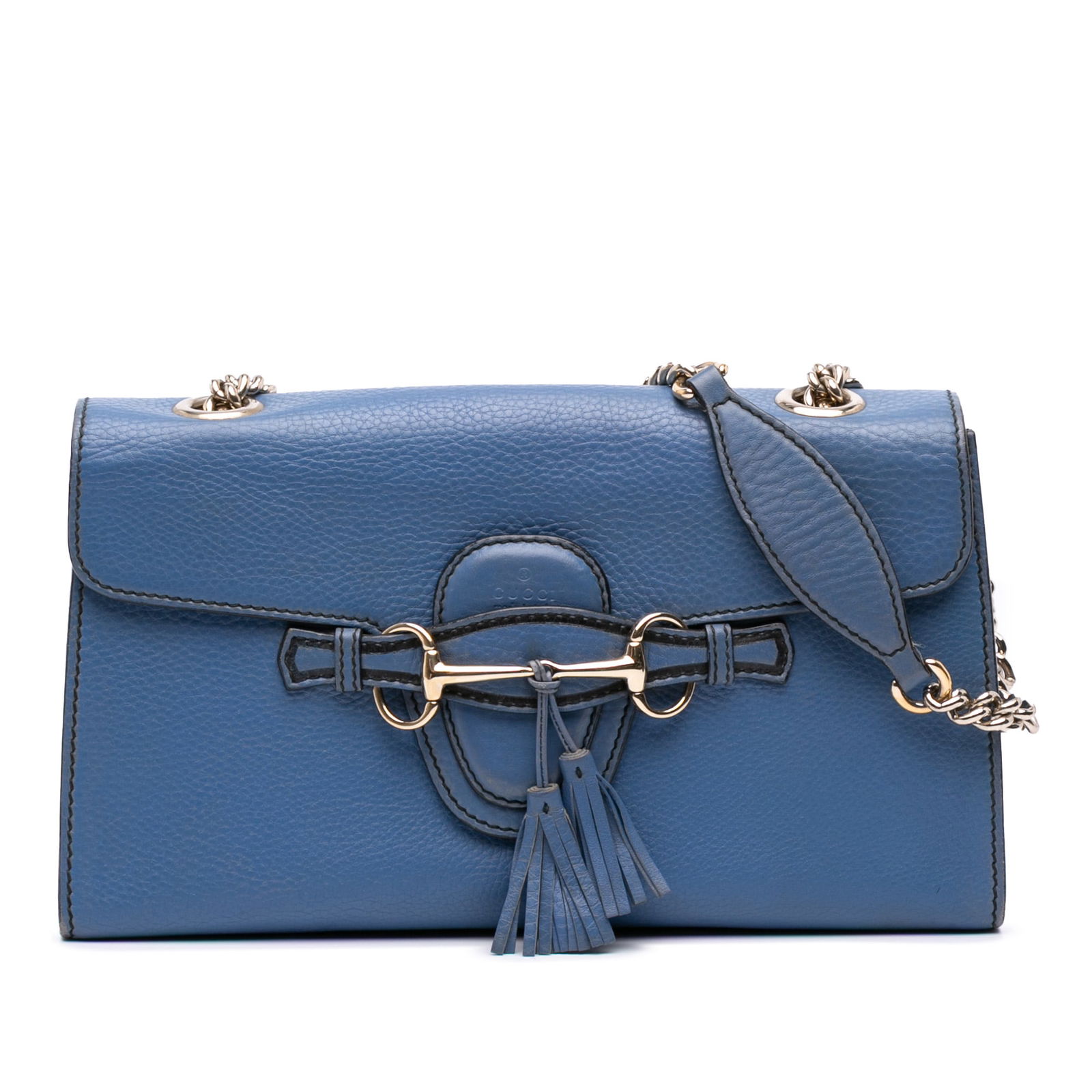 Gucci Medium Leather Emily Shoulder Bag Blue with Chain Strap: Gucci Medium Leather Emily Shoulder Bag Blue with Chain Strap Introducing the Gucci Medium Leather Emily Shoulder Bag, a stylish and practical accessory crafted from high-quality leather. This elegant