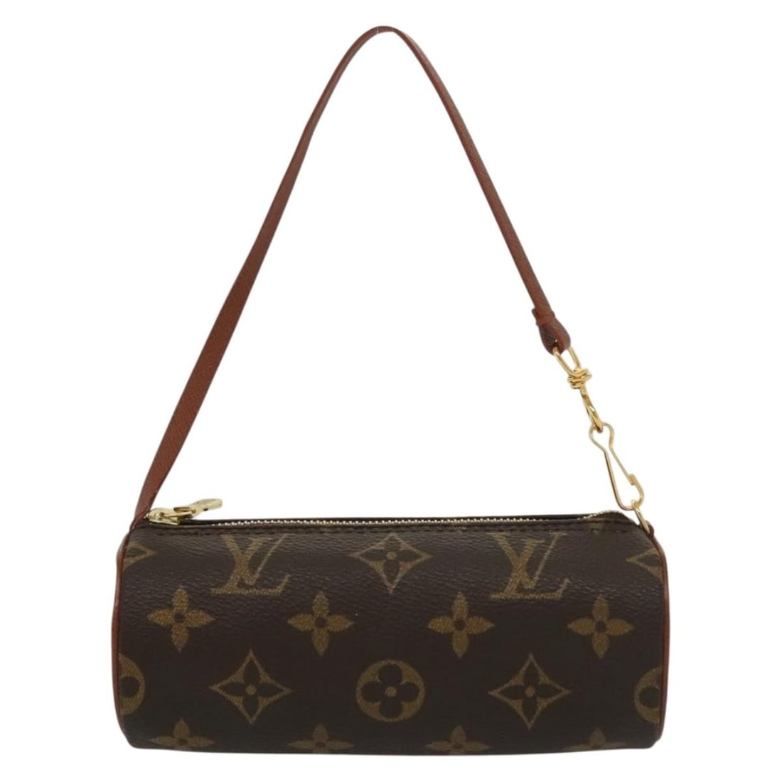 Papillon Pochette handbag by Louis Vuitton in brown: Papillon Pochette handbag by Louis Vuitton in brown This Louis Vuitton Papillon Pochette bag in brown features a classic cylindrical design with a female-oriented style. The exterior shows slight rubb