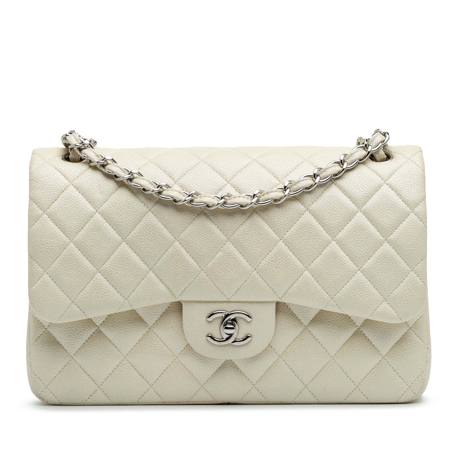 Chanel Jumbo Classic Caviar Double Flap White Leather Handbag: Chanel Jumbo Classic Caviar Double Flap White Leather Handbag This Chanel Jumbo Classic Caviar Double Flap shoulder bag is a luxurious accessory crafted from quilted caviar leather. It features elegan