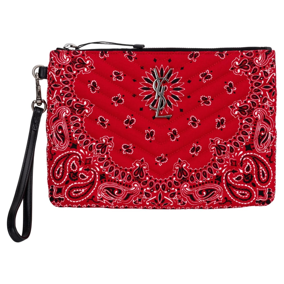 YSL Red Bandana Clutch with Detachable Wristlet: YSL Red Bandana Clutch with Detachable Wristlet Elevate your accessory collection with the Yves Saint Laurent Red Bandana Clutch. This chic clutch features a striking bandana pattern quilted in vibran