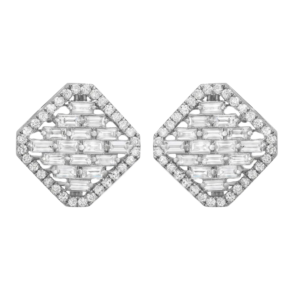 Rachel Koen 14K White Gold Baguette Round Diamond Stud Earrings 1.72Cttw: Rachel Koen 14K White Gold Baguette Round Diamond Stud Earrings 1.72Cttw Elevate your jewelry collection with these exquisite stud earrings crafted from 14K white gold. They feature a stunning design