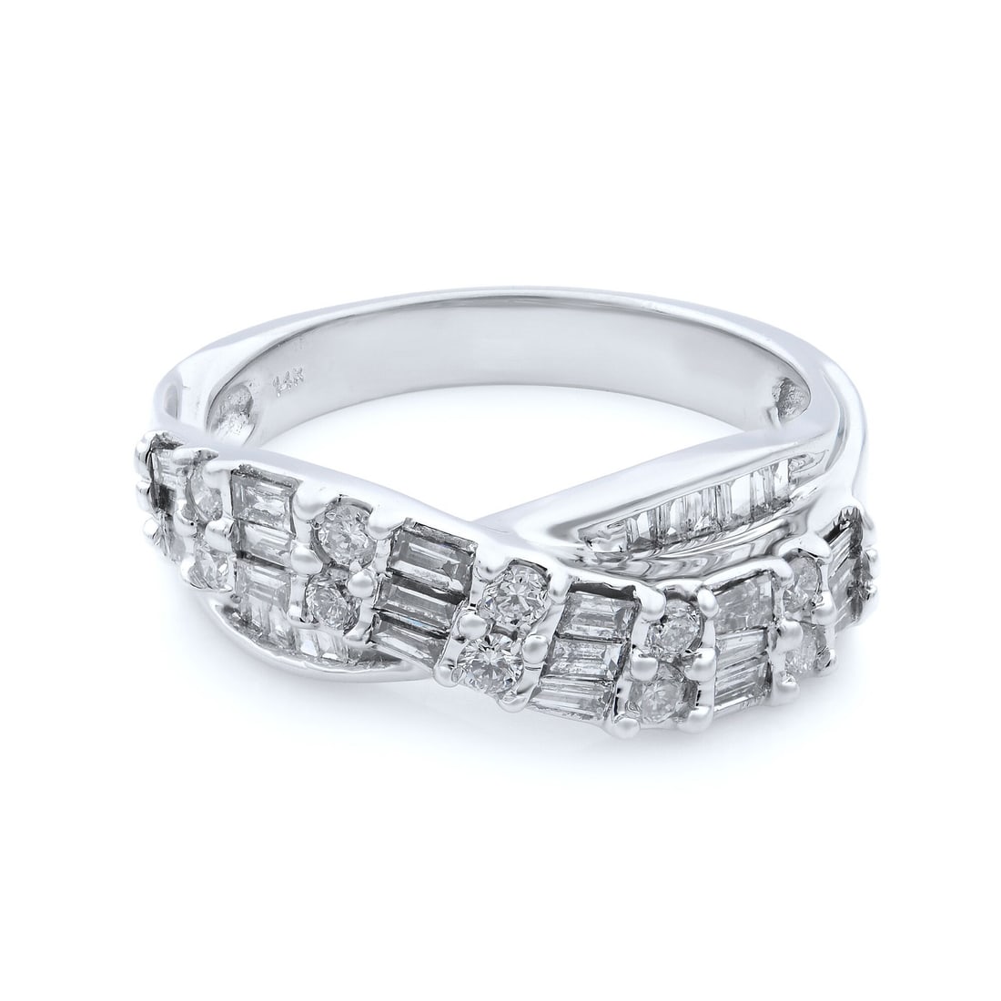 Rachel Koen 14K White Gold Diamond Band 1.00Cttw Infinity Twist Size 7: Rachel Koen 14K White Gold Diamond Band 1.00Cttw Infinity Twist Size 7 This stunning Rachel Koen diamond band showcases a perfect blend of round and baguette cut diamonds, totaling 1.00 carat weight.