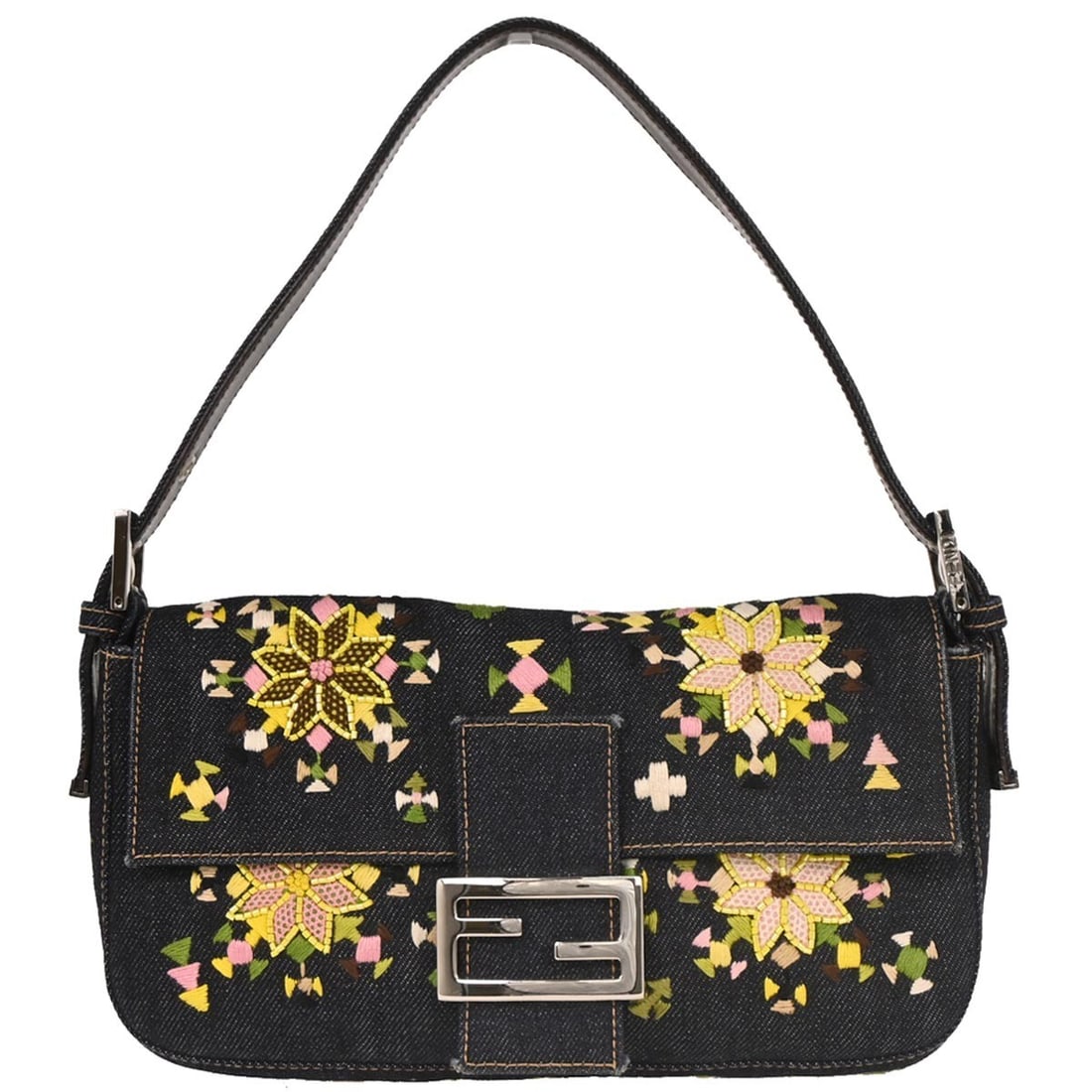 Fendi Navy Baguette Handbag: Fendi Navy Baguette Handbag This pre-owned Fendi Baguette handbag features a navy exterior in good condition with minor edge scuffs. The interior shows some dirt and scuffs, and the tag is missing. Th