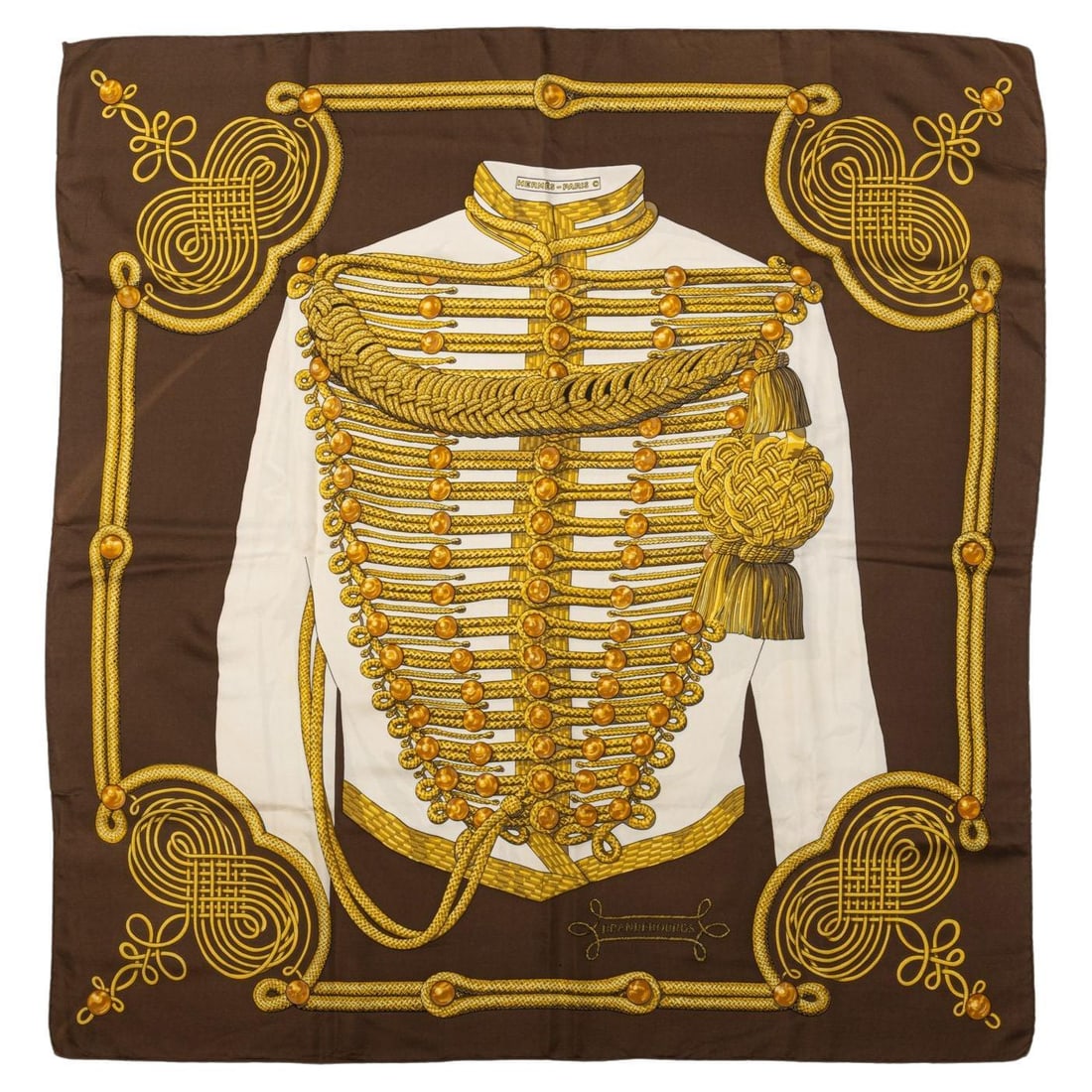 Hermes Brandebourgs Silk Twill Scarf by Caty Latham 35 in Rare France: Hermes Brandebourgs Silk Twill Scarf by Caty Latham 35 in Rare France This exquisite Hermes Brandebourgs scarf, designed by Caty Latham, features a captivating silk twill fabric that embodies luxury a