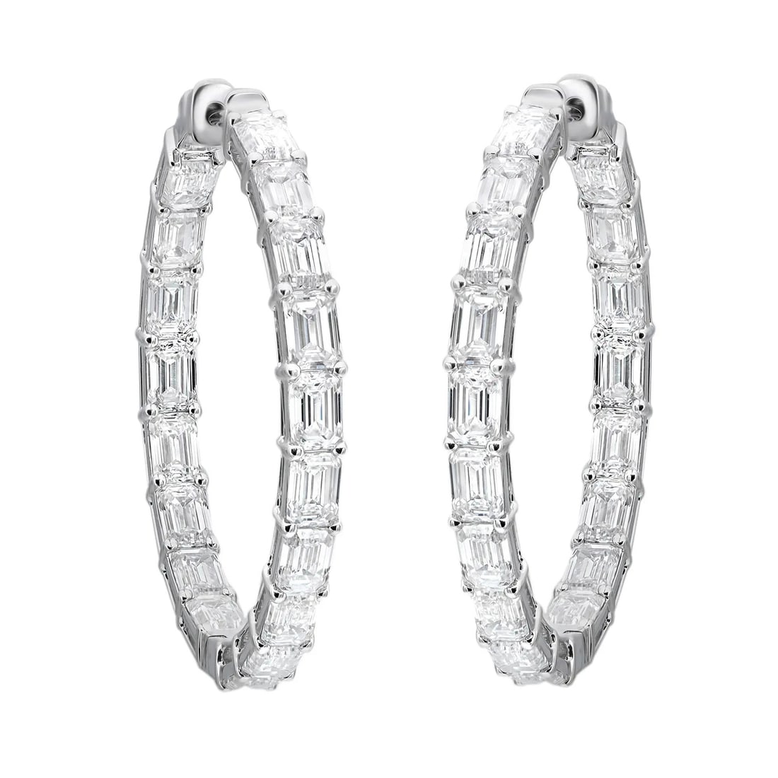 Rachel Koen 14K White Gold Lab Grown Diamond Hoop Earrings 7.76Cttw: Rachel Koen 14K White Gold Lab Grown Diamond Hoop Earrings 7.76Cttw These stunning hoop earrings feature 36 prong-set emerald cut lab-grown diamonds, elegantly arranged in a single line for a dazzling