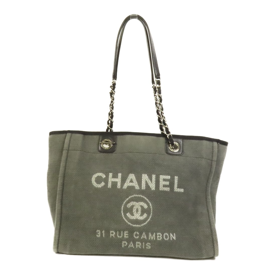 CHANEL Deauville Tote Bag Canvas Grey SHW: CHANEL Deauville Tote Bag Canvas Grey SHW This CHANEL Deauville Tote Shoulder Bag is a stylish accessory crafted from durable gray canvas. It features a spacious interior suitable for everyday use. Th