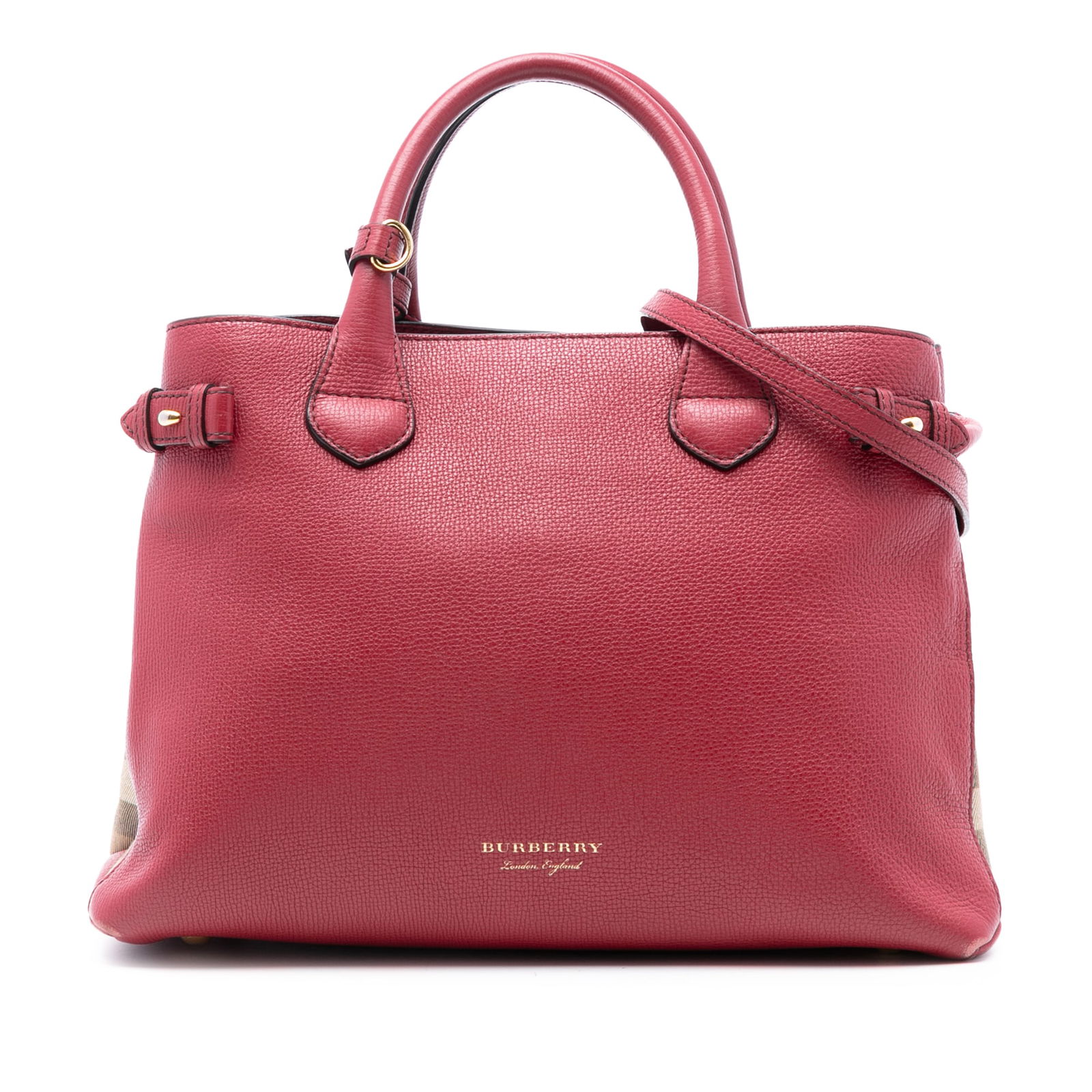 Burberry Banner Medium Red Leather Satchel with House Check Panels: Burberry Banner Medium Red Leather Satchel with House Check Panels This Burberry Medium Leather and House Check Banner Satchel features a leather body with signature house check side panels. It is des