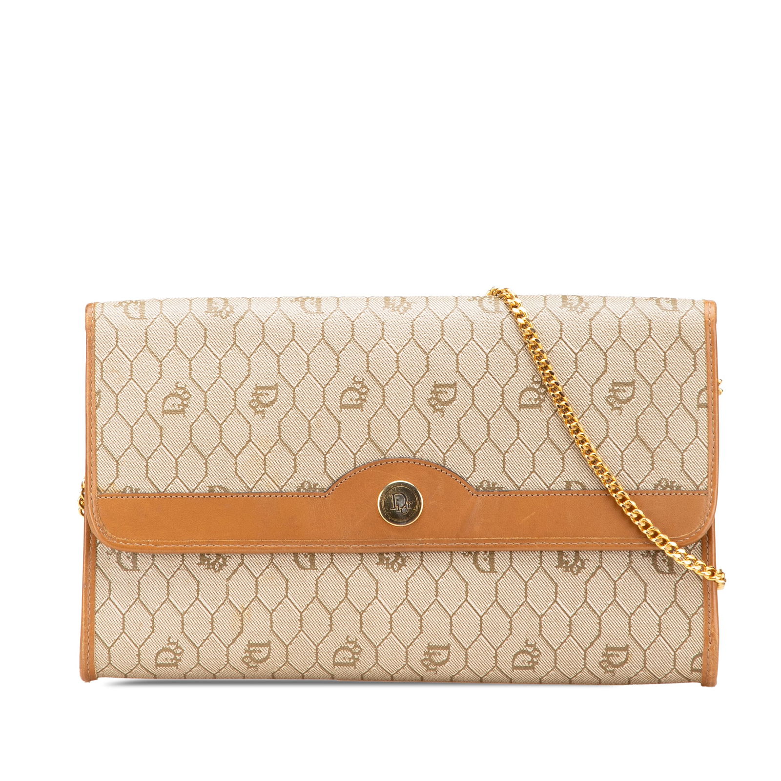 Dior Honeycomb Coated Canvas Shoulder Bag with Gold Chain: Dior Honeycomb Coated Canvas Shoulder Bag with Gold Chain The Dior Honeycomb Coated Canvas Chain Shoulder Bag combines style and functionality with its coated canvas body and leather trim. This stylis