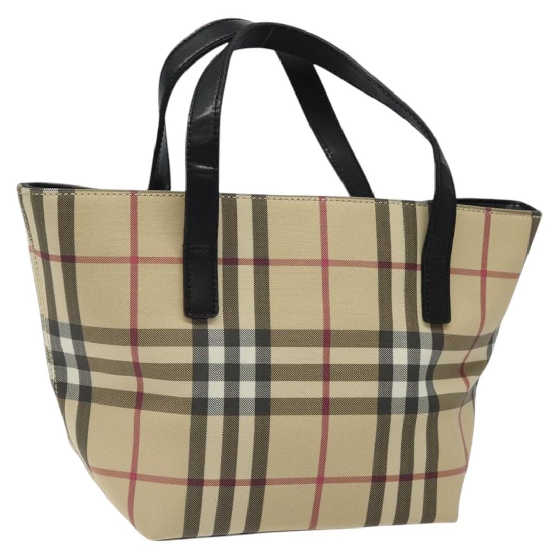 Beige Tote Bag with Nova Check Pattern by Burberry: Beige Tote Bag with Nova Check Pattern by Burberry This Burberry Nova Check tote bag features a classic beige design with signature check pattern. The tote is crafted with leather accents and metal fi