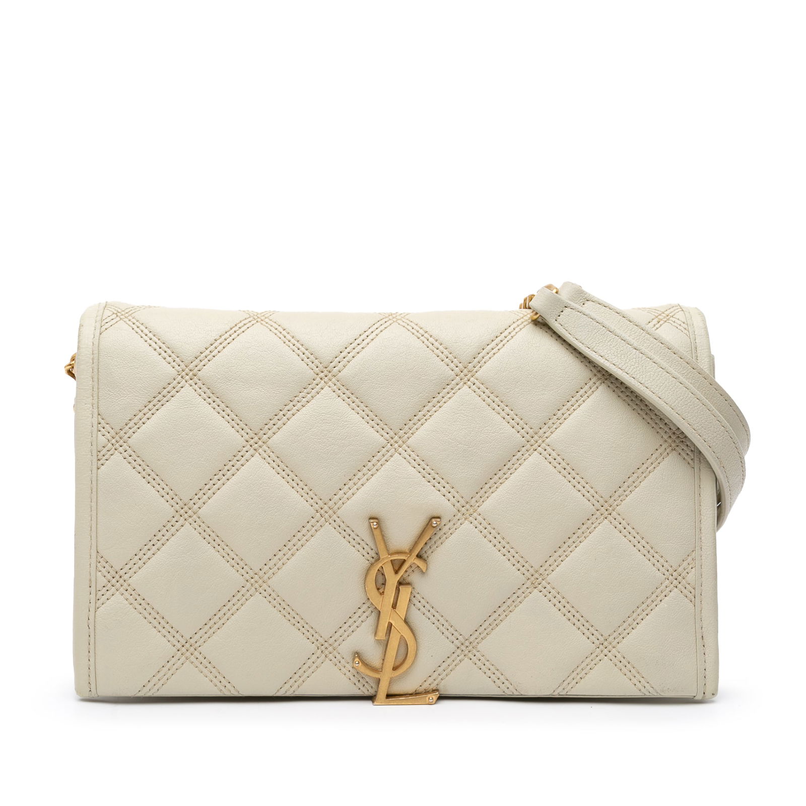 Saint Laurent White Quilted Lambskin Diamond Becky Chain Wallet: Saint Laurent White Quilted Lambskin Diamond Becky Chain Wallet The Saint Laurent Quilted Lambskin Diamond Becky Chain Wallet is a stylish accessory crafted from premium quilted lambskin leather. This