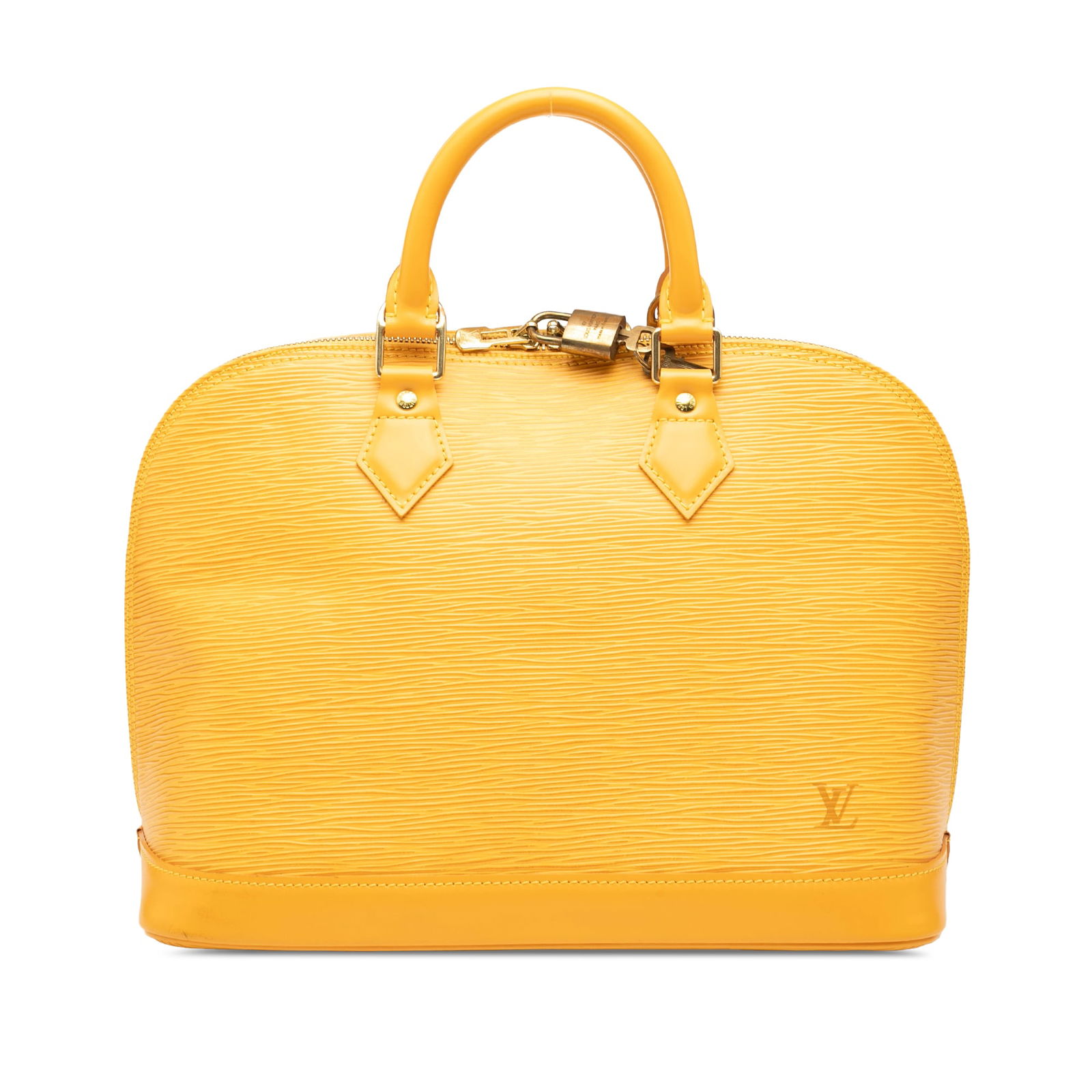 Louis Vuitton Epi Alma PM Yellow Leather Handbag: Louis Vuitton Epi Alma PM Yellow Leather Handbag The Louis Vuitton Epi Alma PM is a stylish handbag crafted from durable epi leather with a vibrant yellow hue. This elegant bag features rolled handles