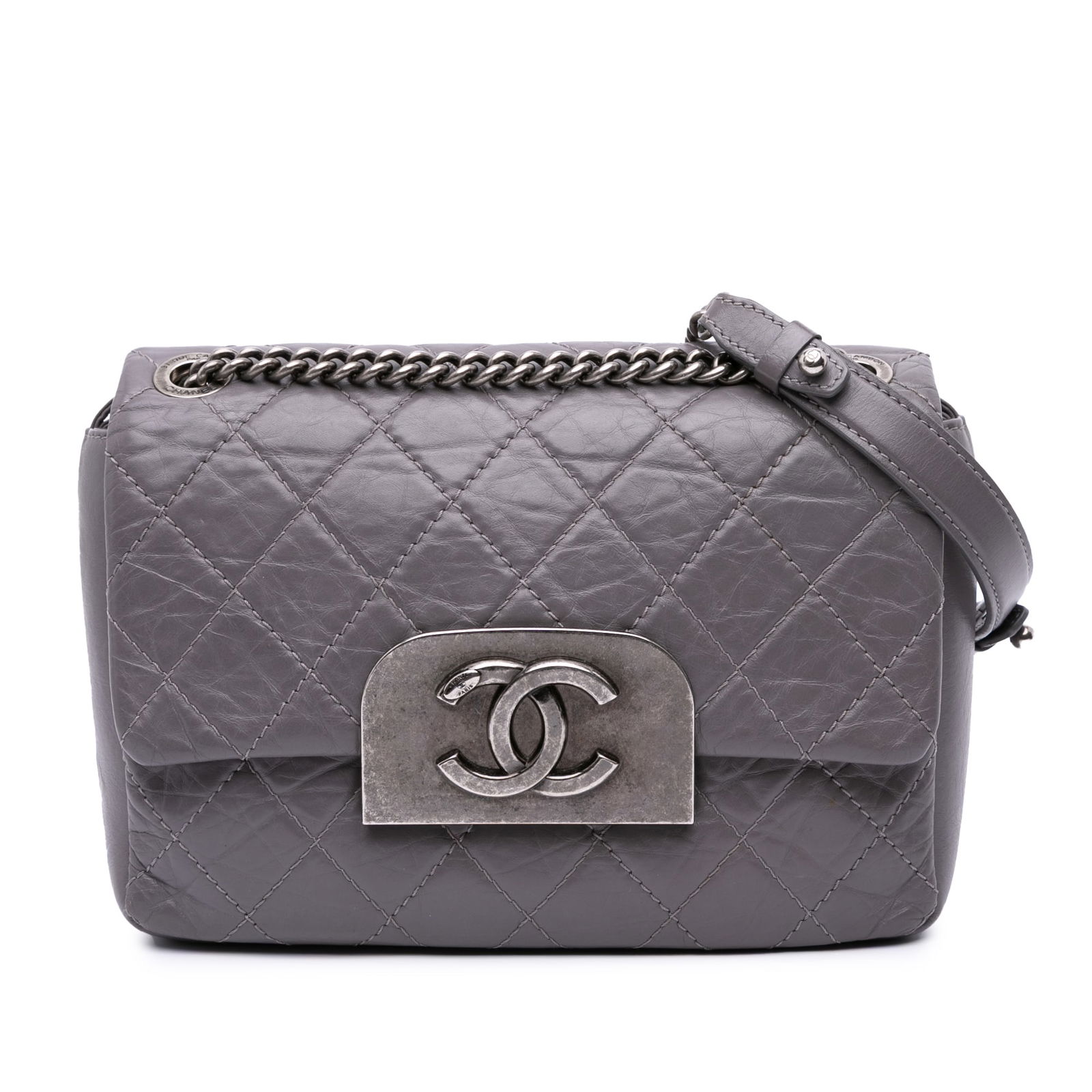Chanel Purple Quilted Aged Calfskin CC Square Flap Bag: Chanel Purple Quilted Aged Calfskin CC Square Flap Bag Elevate your style with this Chanel Quilted Aged Calfskin CC Square Flap crossbody bag. Crafted from luxurious quilted leather, this bag features