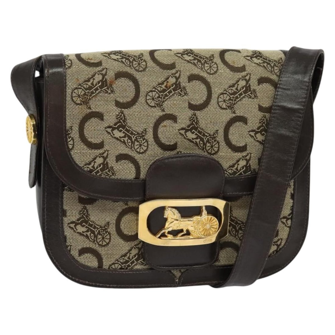 Sulky Shoulder Purse in Beige by Celine: Sulky Shoulder Purse in Beige by Celine This Celine C Sulky shoulder bag is designed for women and features a beige exterior. The bag shows signs of previous use, including rubbing, stains, scratches,