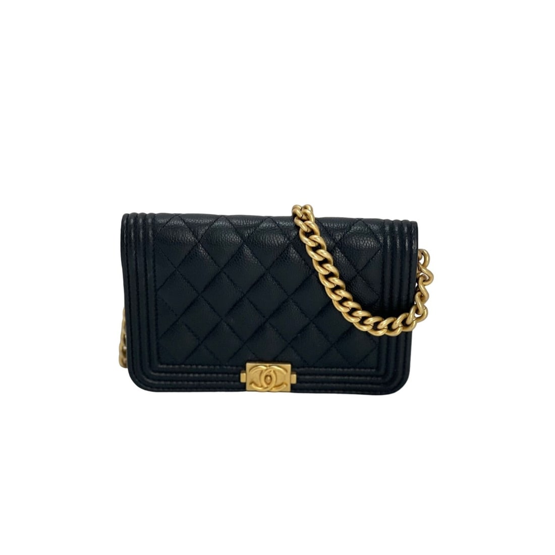Chanel Caviar Mini Boy Clutch Wallet Antique Gold Hardware Black: Chanel Caviar Mini Boy Clutch Wallet Antique Gold Hardware Black This exquisite Chanel Caviar Quilted Mini Boy Clutch Wallet on a Chain in classic black is a must-have accessory for any fashion enthus