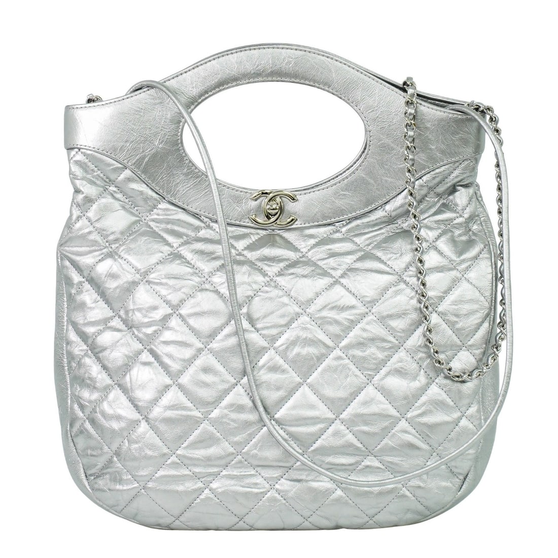 Chanel Silver 31 Tote Bag Pre-Owned: Chanel Silver 31 Tote Bag Pre-Owned This pre-owned Chanel 31 Shopping Bag features a silver finish and is designed for women. It is in good condition, exhibiting signs of use such as scratches on the