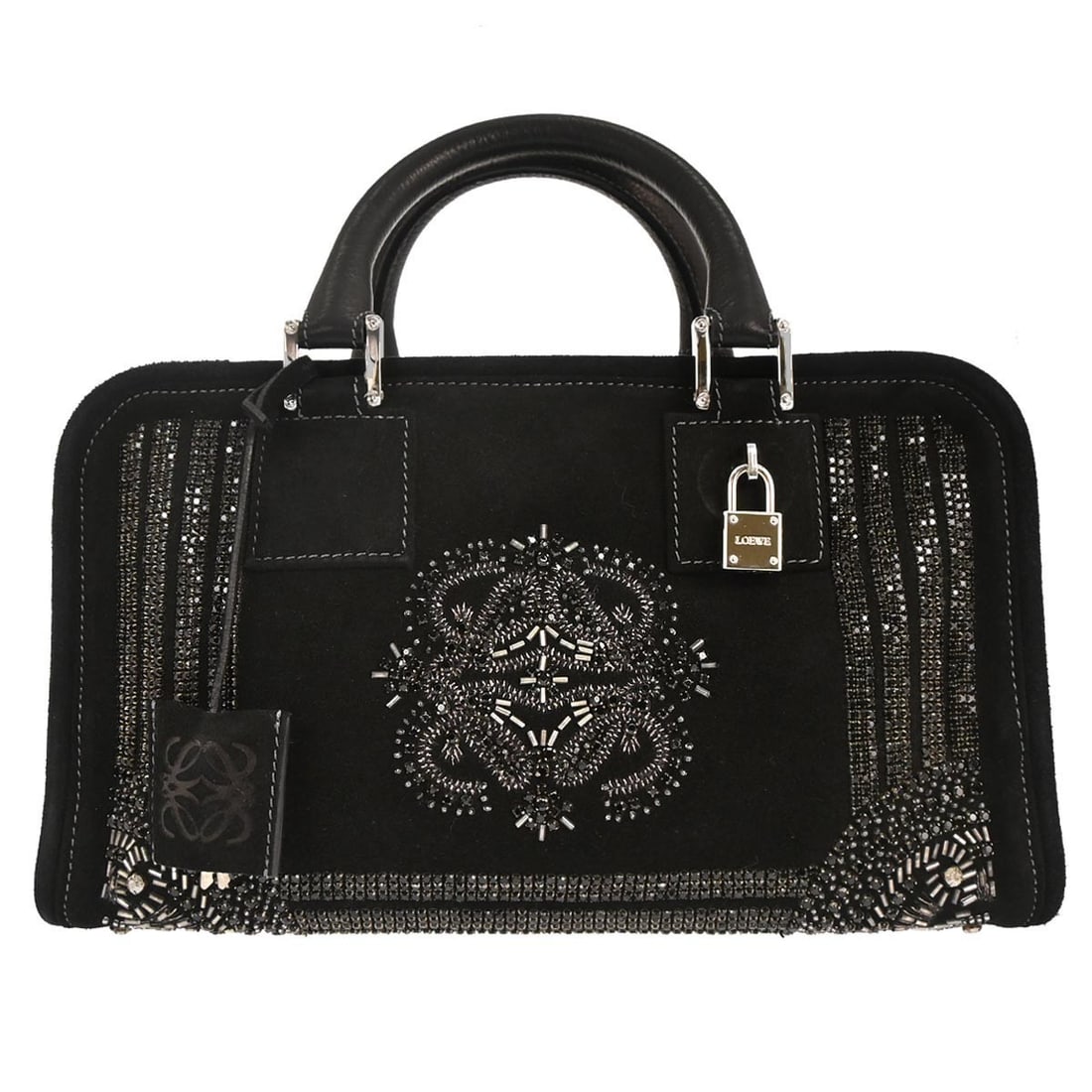 Loewe Amazona 28 Black Suede Rhinestone Top Handle Medium Handbag: Loewe Amazona 28 Black Suede Rhinestone Top Handle Medium Handbag This Loewe Amazona 28 handbag features a black suede exterior adorned with rhinestone accents. The medium-sized top handle bag is desi