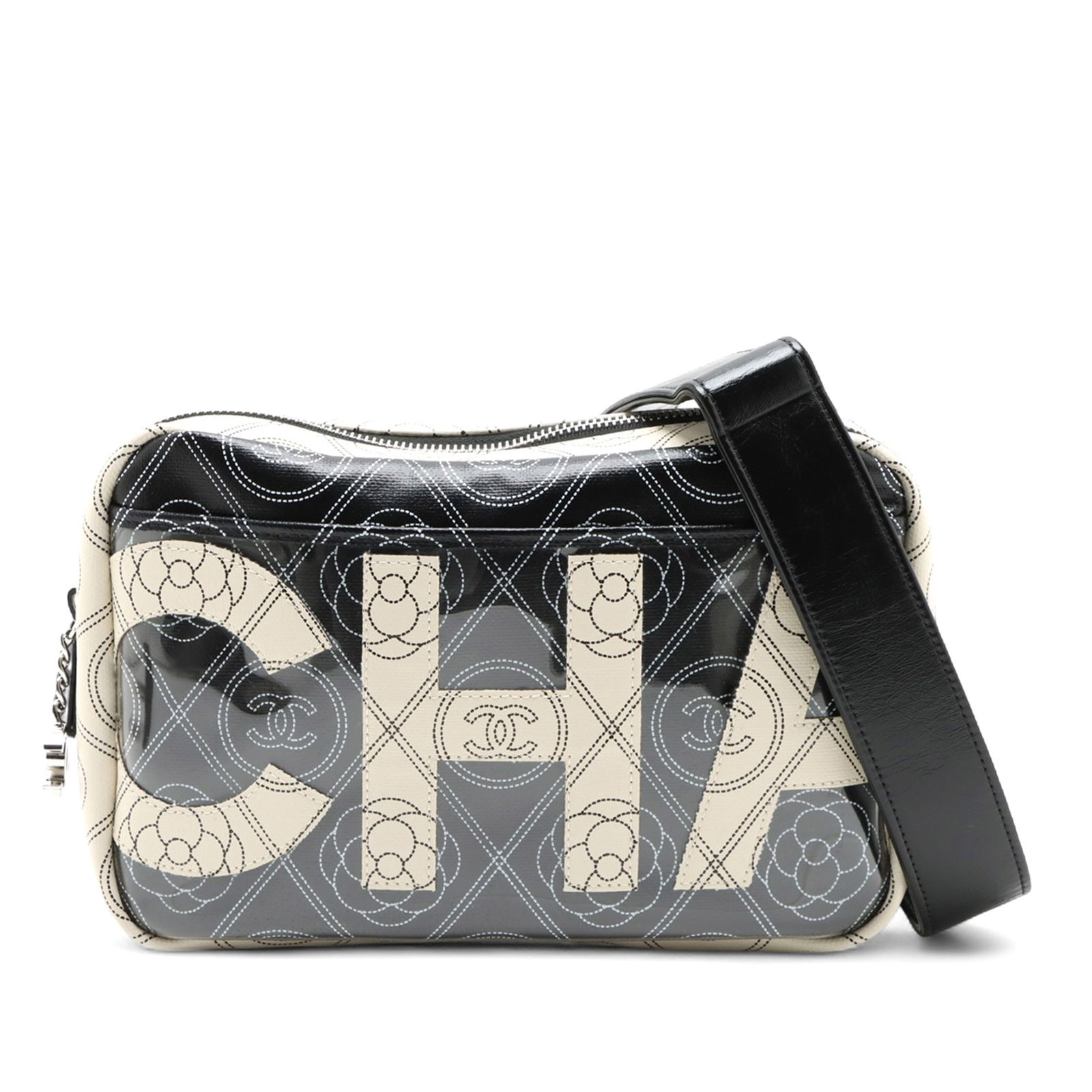 Chanel Camellia Print Black Coated Canvas Camera Bag with Adjustable Strap: Chanel Camellia Print Black Coated Canvas Camera Bag with Adjustable Strap This Chanel camera bag showcases a printed coated canvas body with the signature Camellia logo, complemented by an adjustable
