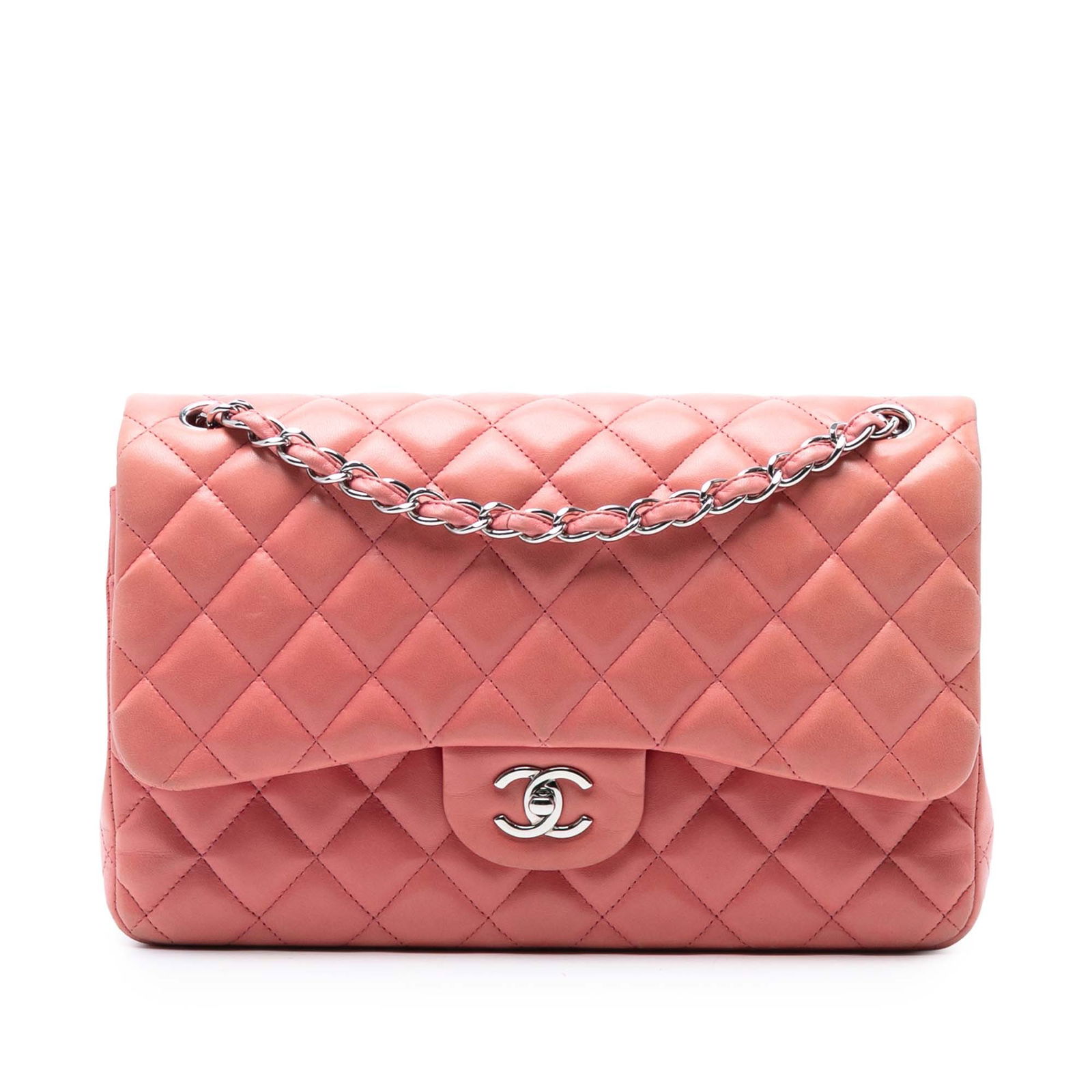 Chanel Jumbo Classic Double Flap Pink Lambskin Shoulder Bag: Chanel Jumbo Classic Double Flap Pink Lambskin Shoulder Bag Elevate your style with the Chanel Jumbo Classic Lambskin Double Flap shoulder bag. This iconic piece is crafted from luxurious quilted lamb