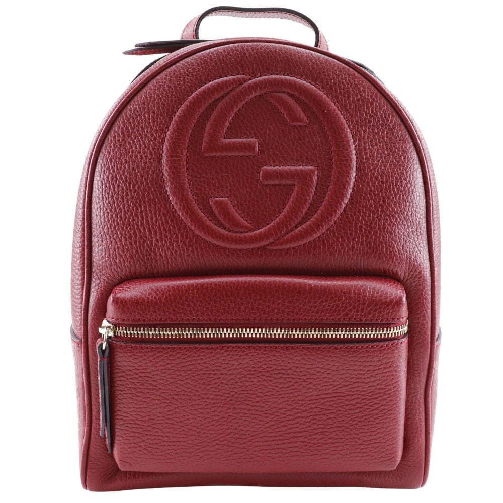 Red Gucci Soho Backpack with Chain Straps: Red Gucci Soho Backpack with Chain Straps This Gucci Soho Chain Backpack features a striking red color and is designed for female use. The backpack is in excellent condition with only fine scratches a