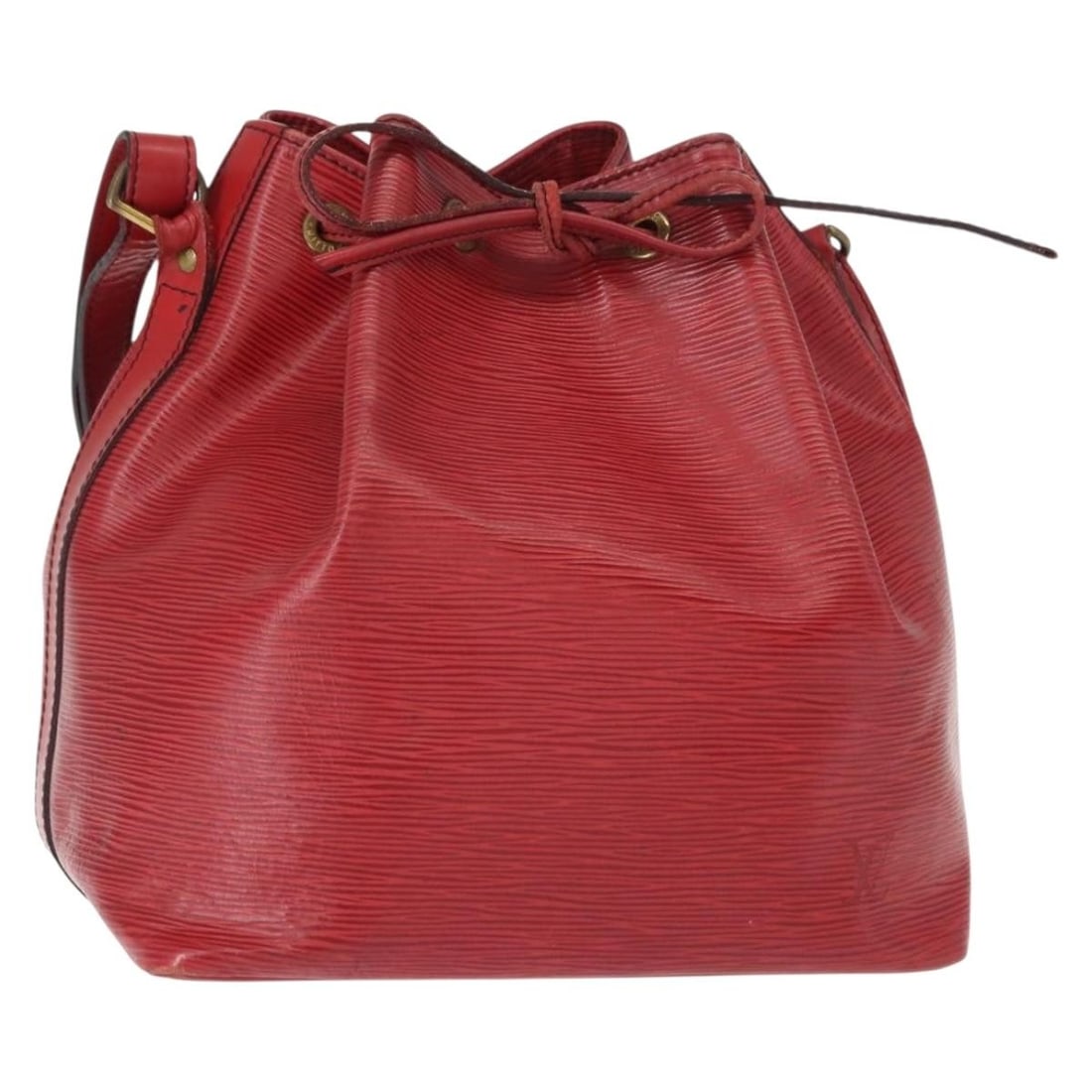Red Epi Petit Noe Shoulder Bag by Louis Vuitton: Red Epi Petit Noe Shoulder Bag by Louis Vuitton This pre-owned Louis Vuitton Epi Petit Noe shoulder bag features a bold red exterior and a classic bucket silhouette. The bag shows signs of use, includ