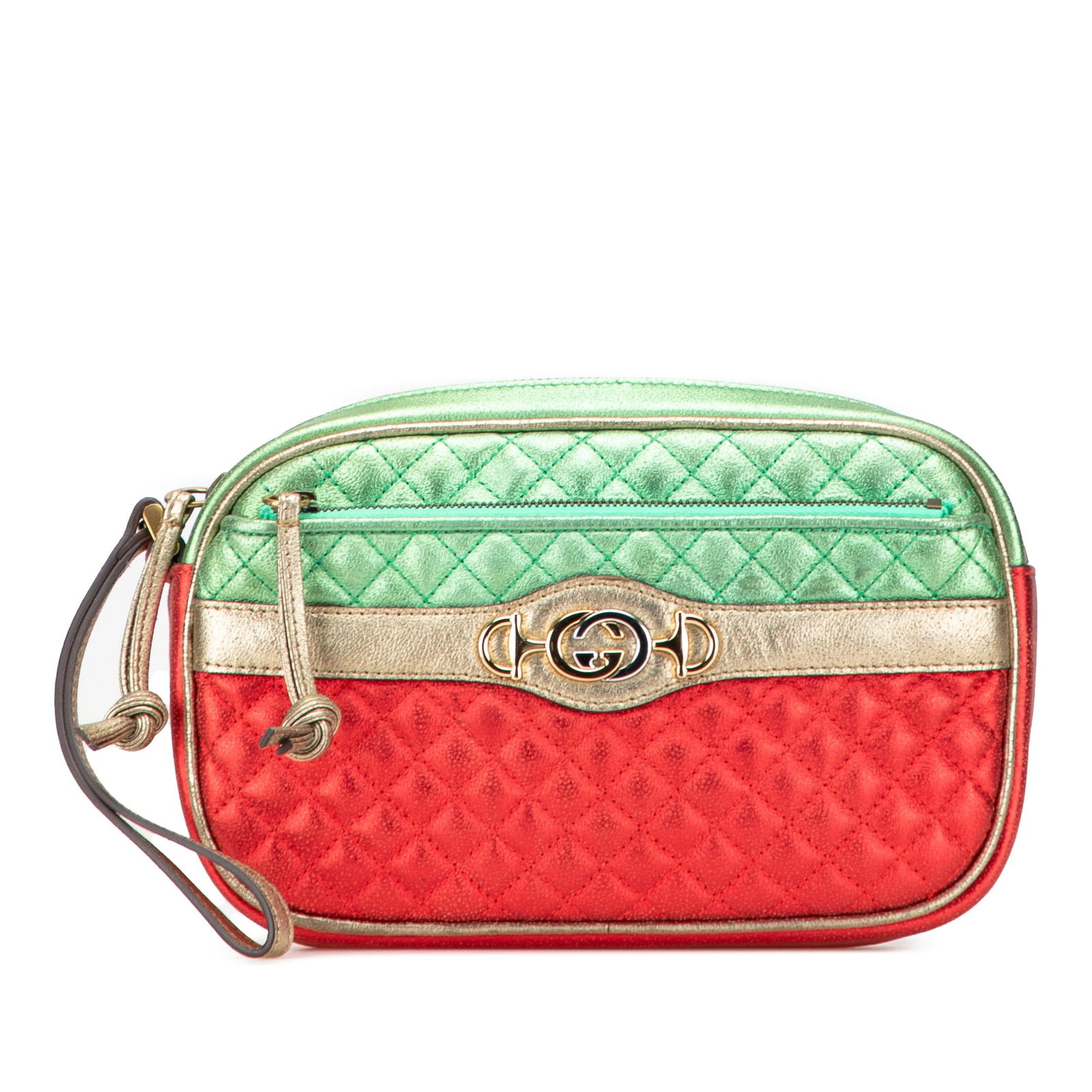 Gucci Red Laminated Nappa Trapuntata Clutch Bag: Gucci Red Laminated Nappa Trapuntata Clutch Bag The Gucci Laminated Nappa Trapuntata Wristlet Clutch is a stylish accessory crafted from quilted metallic leather, showcasing a bold red hue. This clutc