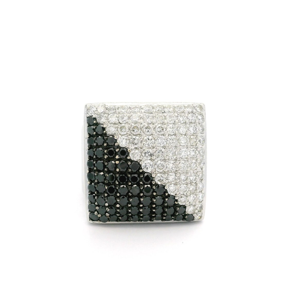 18k White Gold Geometric Ying Yang Ring with Black and White Diamonds: 18k White Gold Geometric Ying Yang Ring with Black and White Diamonds This stunning 18k White Gold Wide Ying Yang Platter Ring showcases a unique geometric design adorned with both black and white dia