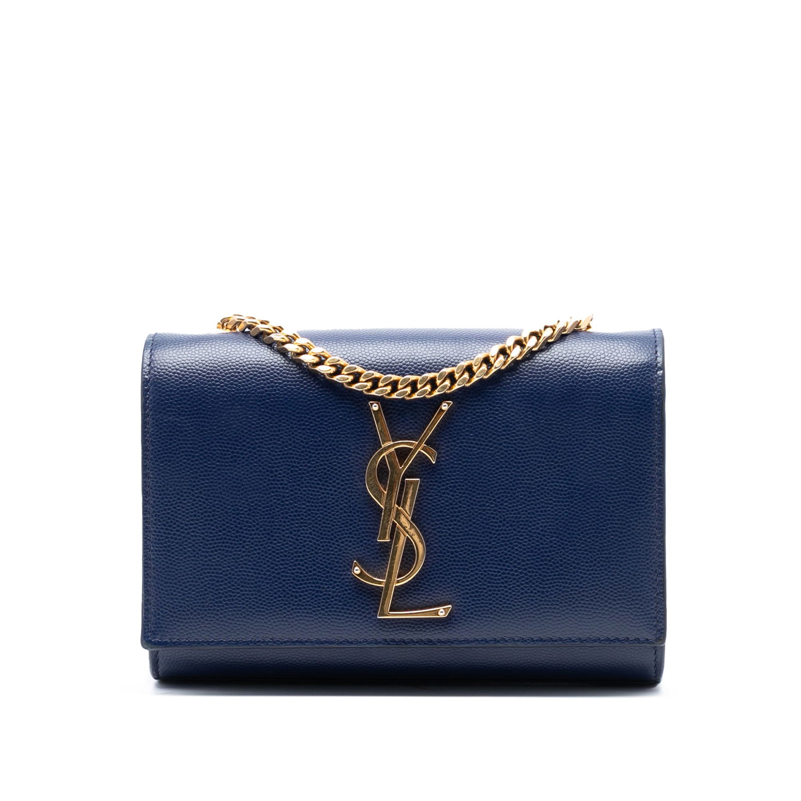 Saint Laurent Kate Small Blue Leather Monogram Crossbody Bag: Saint Laurent Kate Small Blue Leather Monogram Crossbody Bag This Saint Laurent Small Grain de Poudre Monogram Kate Crossbody features a blue leather body, a gold-tone chain link shoulder strap, a fro