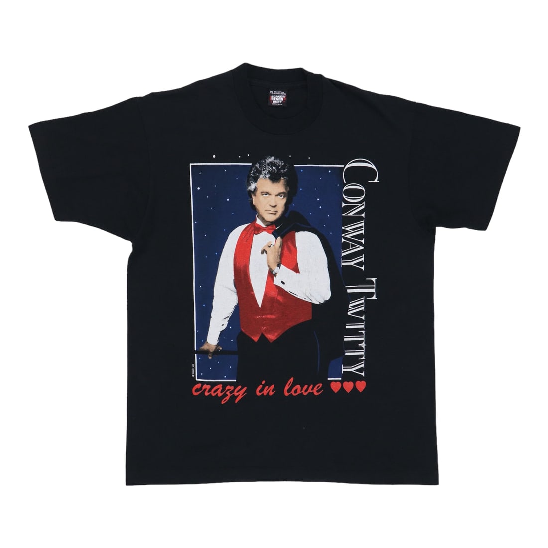 Vintage 1990 Conway Twitty Crazy In Love Black Shirt: Vintage 1990 Conway Twitty Crazy In Love Black Shirt This authentic vintage 1990 Conway Twitty Crazy In Love shirt is a must-have for fans and collectors alike. Featuring a classic black color and cra