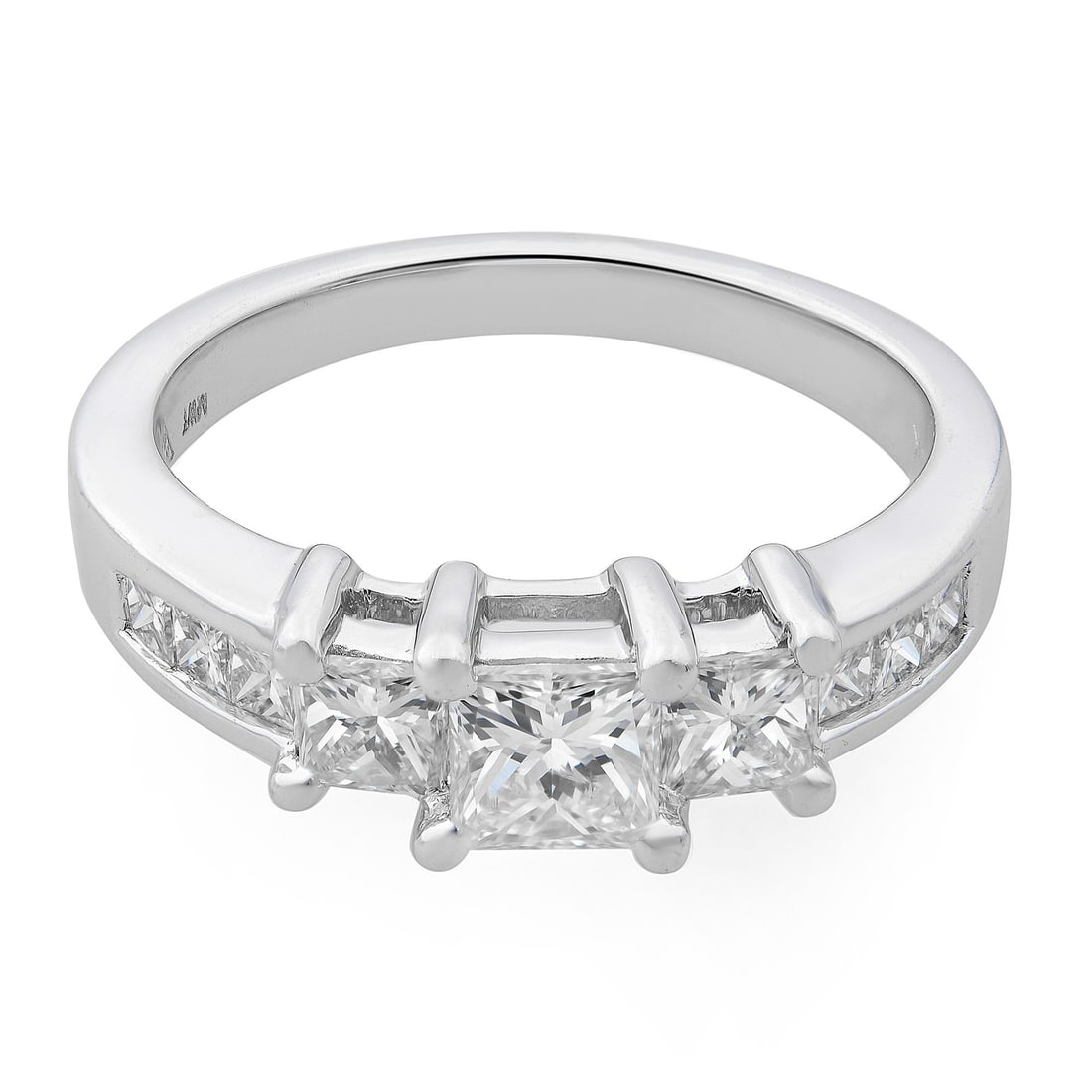 Rachel Koen 14K White Gold Three Stone Engagement Ring 1.46Cttw Diamonds: Rachel Koen 14K White Gold Three Stone Engagement Ring 1.46Cttw Diamonds This stunning three-stone engagement ring by Rachel Koen showcases a center princess cut diamond weighing 0.50 carats, compleme