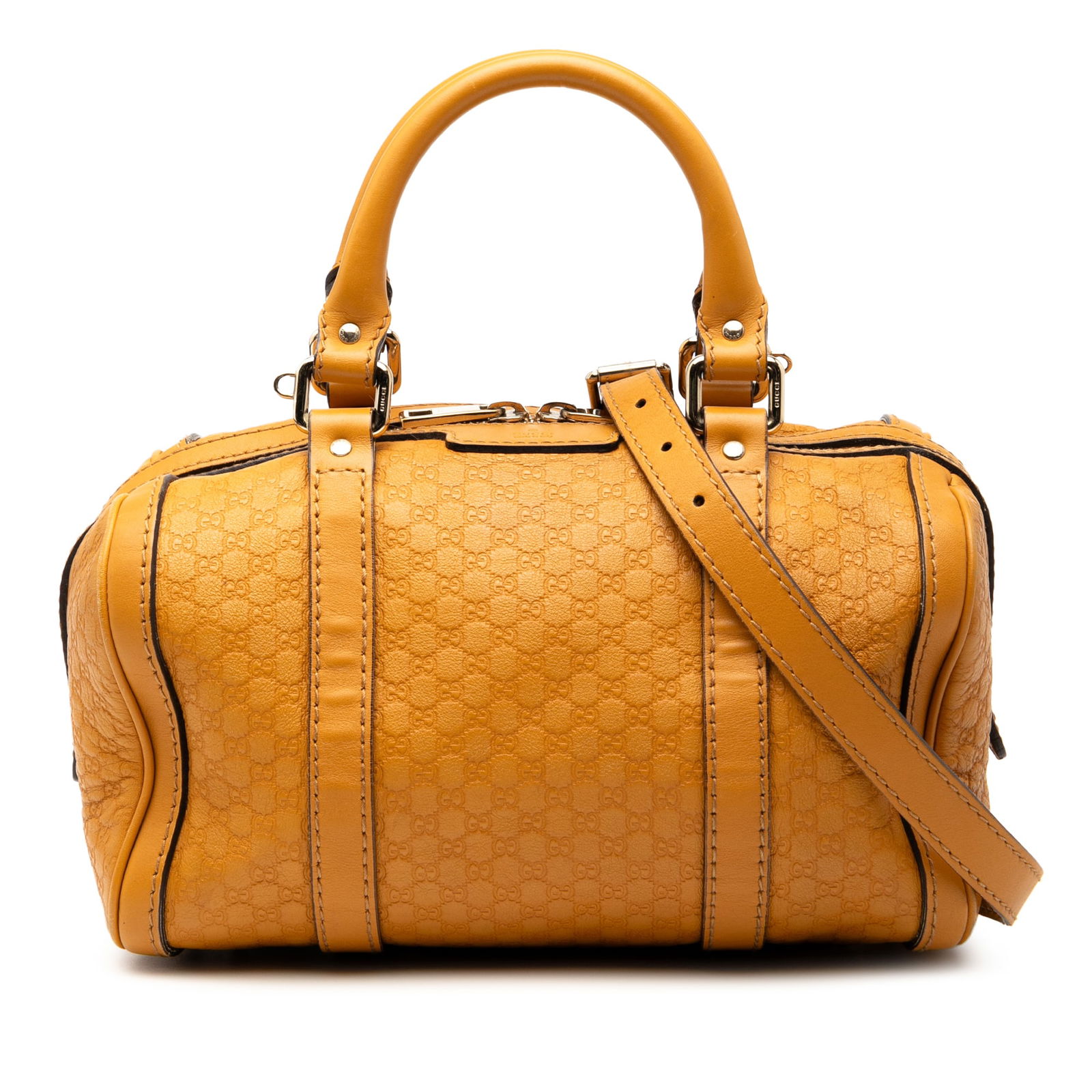 Yellow Leather Gucci Microguccissima Joy Small Boston Satchel with Strap: Yellow Leather Gucci Microguccissima Joy Small Boston Satchel with Strap This Gucci Small Microguccissima Joy Boston Bag features embossed yellow leather, rolled leather handles, a detachable flat str