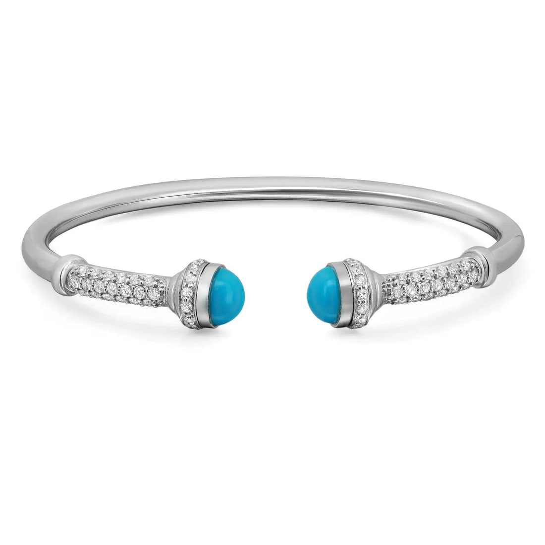 Rachel Koen 18K White Gold Turquoise Diamond Bangle Bracelet 1.05Ctw: Rachel Koen 18K White Gold Turquoise Diamond Bangle Bracelet 1.05Ctw Elevate your style with this exquisite Turquoise & Diamond Open Bangle Bracelet, meticulously crafted from 18k white gold. This bea