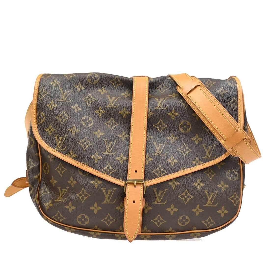 Saumur Shoulder Bag by Louis Vuitton in Brown Canvas: Saumur Shoulder Bag by Louis Vuitton in Brown Canvas This Louis Vuitton Saumur shoulder bag in brown is a pre-owned item showing visible signs of wear. The exterior features scuffs, dirt, and scratche
