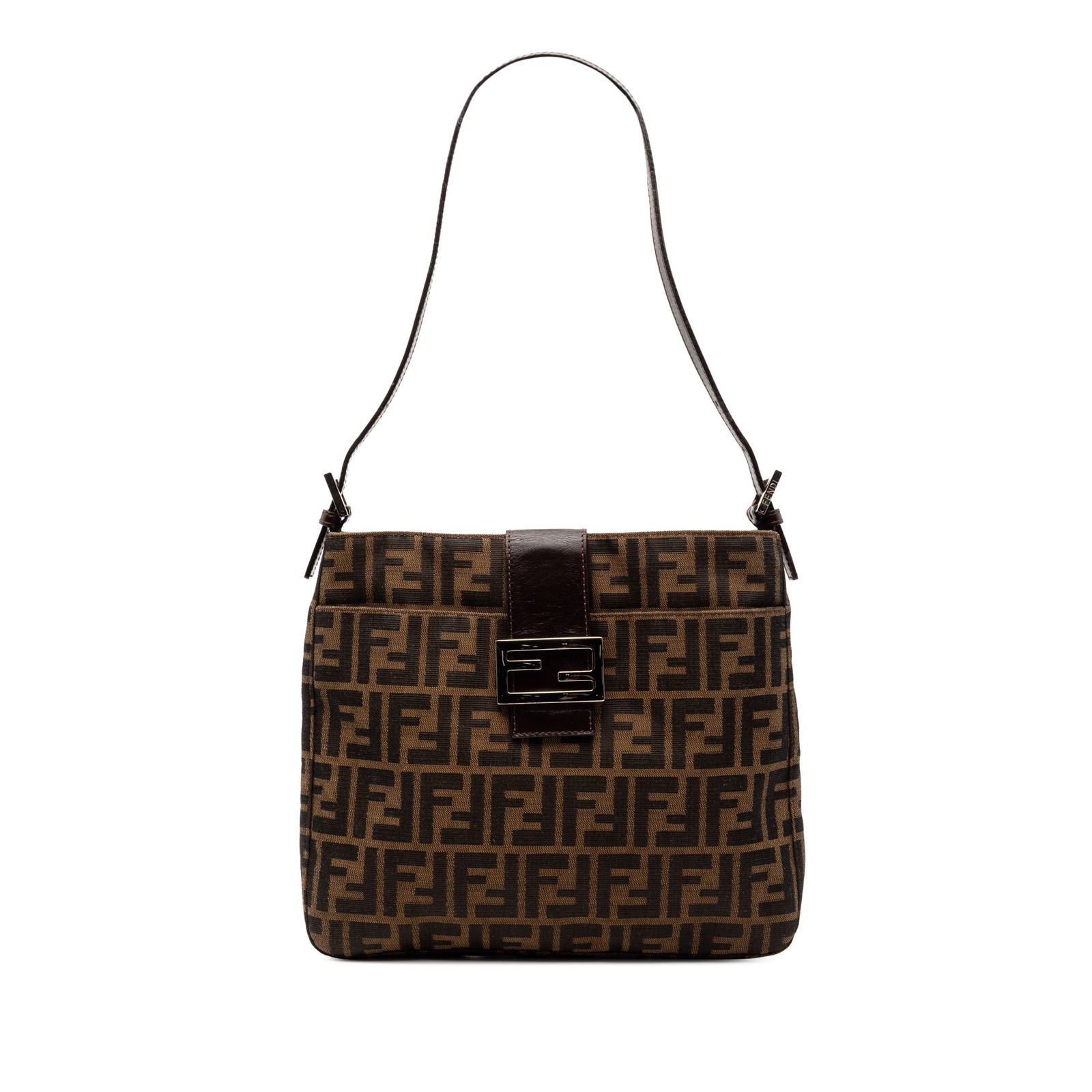Fendi Zucca Pattern Brown Canvas Shoulder Purse with Leather Strap: Fendi Zucca Pattern Brown Canvas Shoulder Purse with Leather Strap This Fendi Zucca Canvas Shoulder Bag features a canvas body with a signature Zucca pattern, a flat leather strap, an open top with a