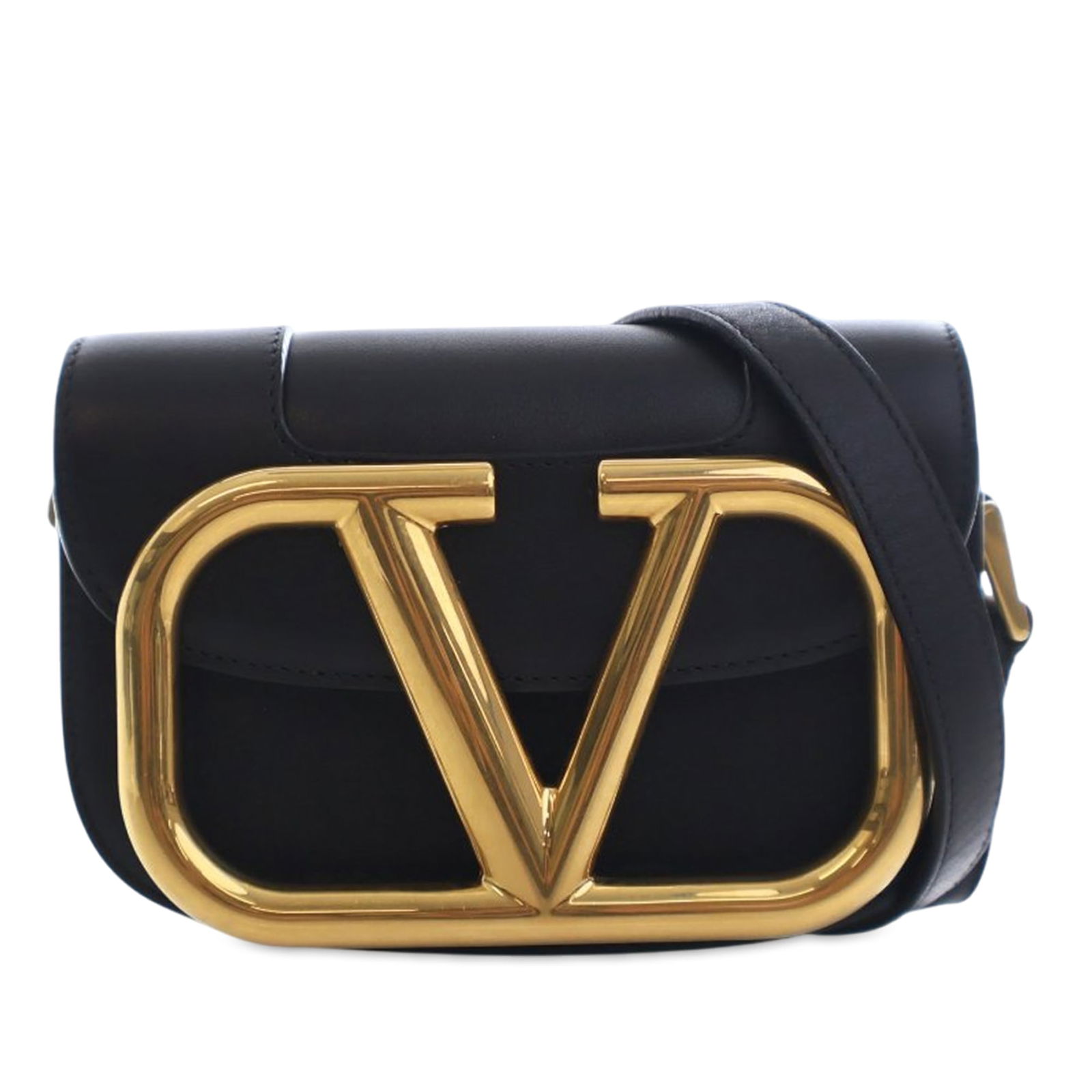 Valentino Supervee Small Black Leather Crossbody Bag with Flap Closure: Valentino Supervee Small Black Leather Crossbody Bag with Flap Closure This Valentino Small Leather Supervee Crossbody bag features a black leather body with an adjustable flat leather strap. It has a