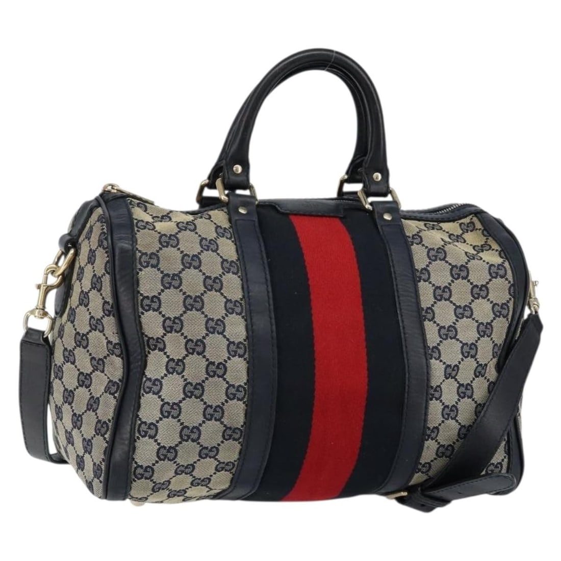 Navy Boston Travel Bag by Gucci with Web Detailing: Navy Boston Travel Bag by Gucci with Web Detailing This pre-owned Gucci Vintage Web Boston bag features a navy canvas exterior with leather accents. The bag exhibits signs of use, including surface lo