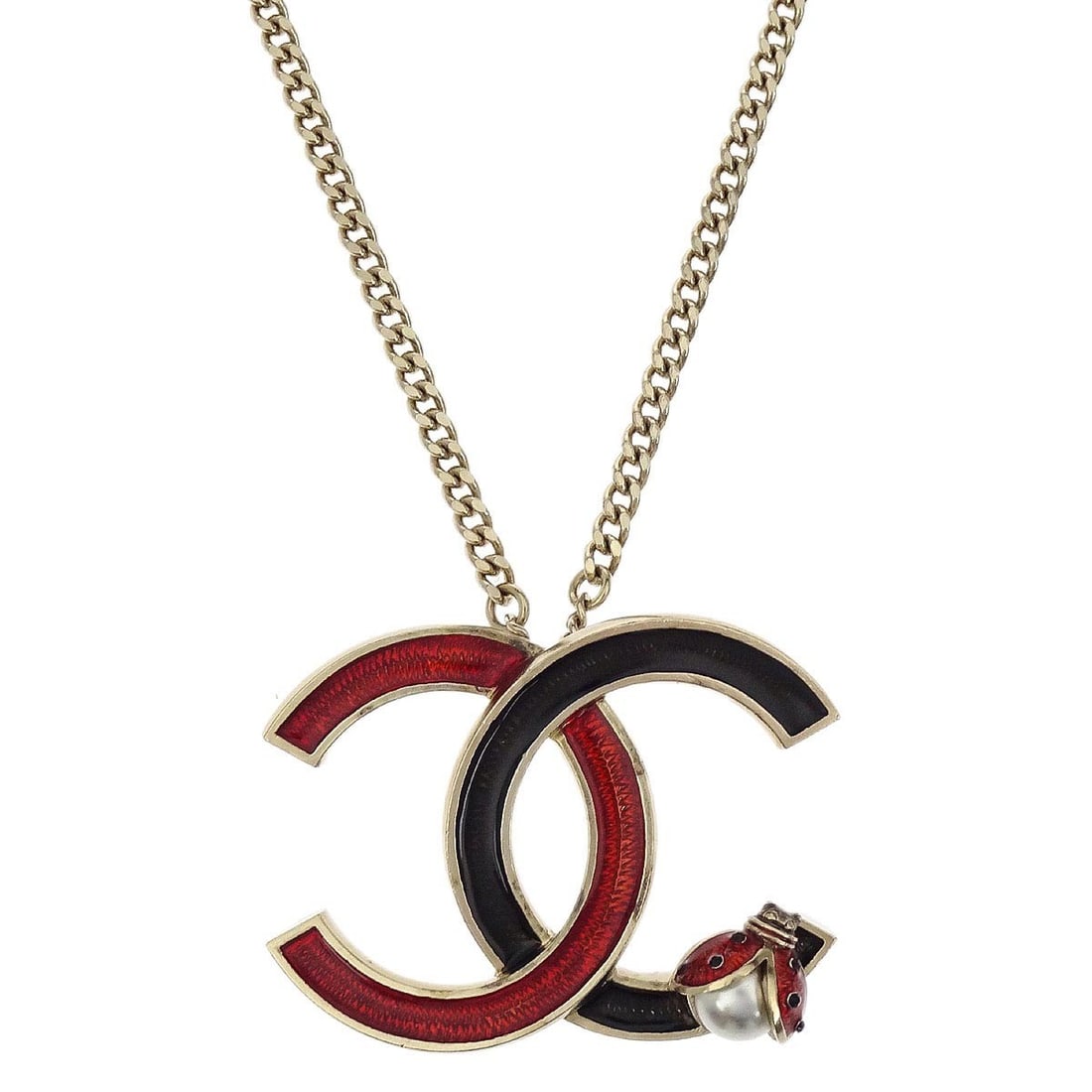 Chanel 18P Gold-Plated Chain Necklace with Ladybug CC Pendant and Pearl Charm: Chanel 18P Gold-Plated Chain Necklace with Ladybug CC Pendant and Pearl Charm This Chanel necklace features a gold-plated chain with a ladybug CC charm and artificial pearl accent. The pendant design