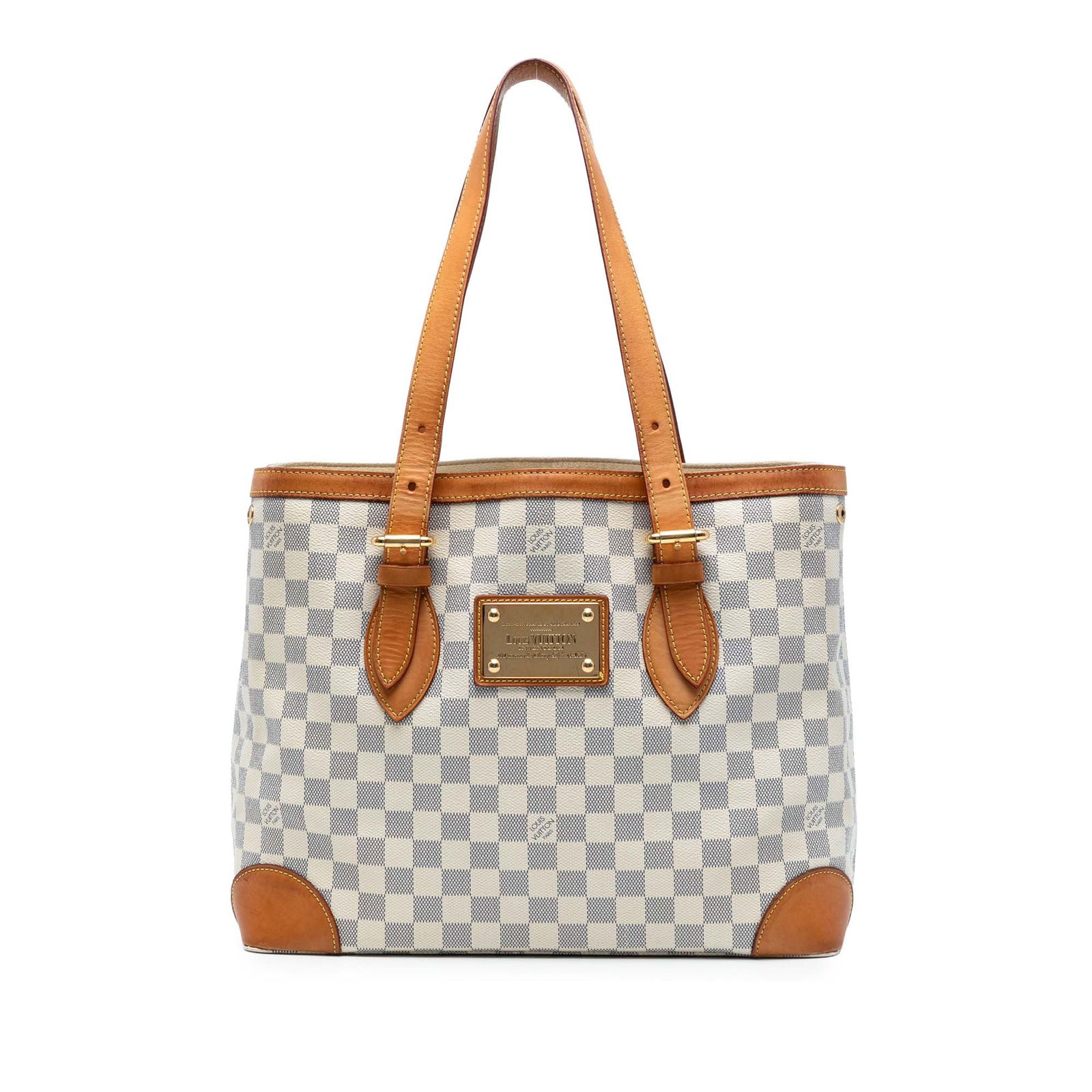 Louis Vuitton Damier Azur Hampstead MM Bag with Vachetta Trim: Louis Vuitton Damier Azur Hampstead MM Bag with Vachetta Trim The Louis Vuitton Damier Azur Hampstead MM is an elegant and stylish bag crafted from durable damier canvas with vachetta leather trim. It