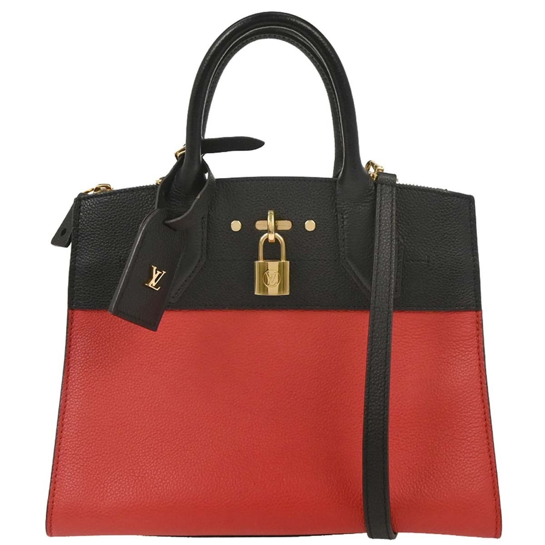 Red and Black City Steamer PM Bag by Louis Vuitton: Red and Black City Steamer PM Bag by Louis Vuitton This pre-owned Louis Vuitton City Steamer PM handbag features a striking red and black color combination. It is in good condition, with visible scuff