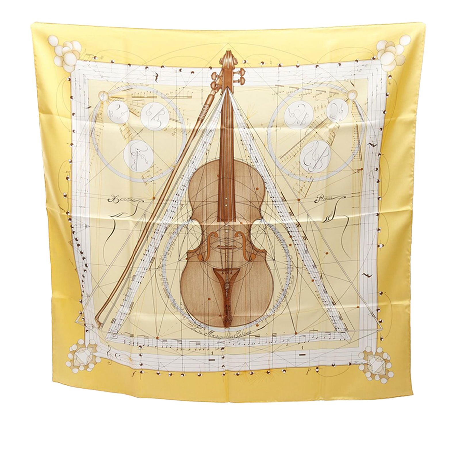 La Musique des Spheres 90 Yellow Silk Scarf by Hermes: La Musique des Spheres 90 Yellow Silk Scarf by Hermes This Hermes scarf showcases the La Musique des Spheres design in a yellow colorway, crafted from 100% silk. Made in France, it measures 89 cm by 8