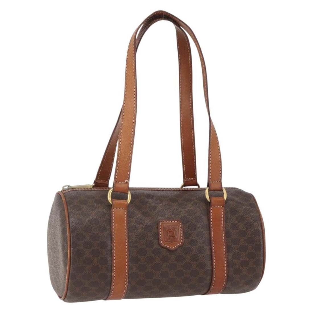 Vintage Macadam Brown Handbag by Celine: Vintage Macadam Brown Handbag by Celine This pre-owned Celine Macadam handbag features the iconic brown pattern and is designed for women. It shows visible signs of wear, including rubbing, stains, mi