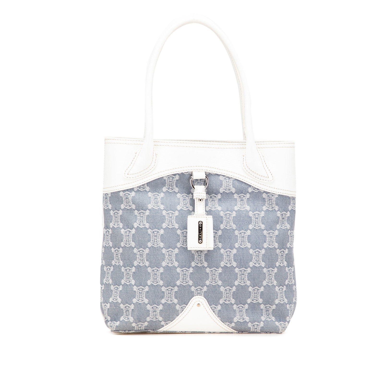 Celine Macadam Denim Tote Blue Fabric Bag with Leather Trim: Celine Macadam Denim Tote Blue Fabric Bag with Leather Trim The Celine Macadam Denim Tote is a stylish and functional bag crafted from durable denim with elegant leather trim. This tote features rolle