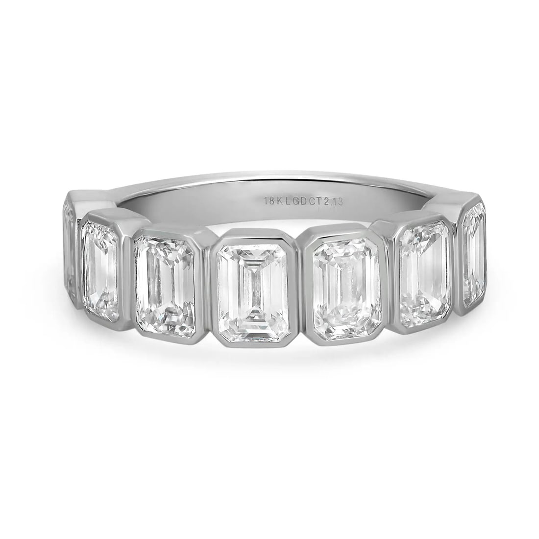 Rachel Koen 18K White Gold 2.13Ctw Bezel Set Emerald Cut Lab Grown Diamond Wedding Band: Rachel Koen 18K White Gold 2.13Ctw Bezel Set Emerald Cut Lab Grown Diamond Wedding Band This exquisite bezel set wedding band ring is beautifully crafted from lustrous 18K white gold, showcasing seven