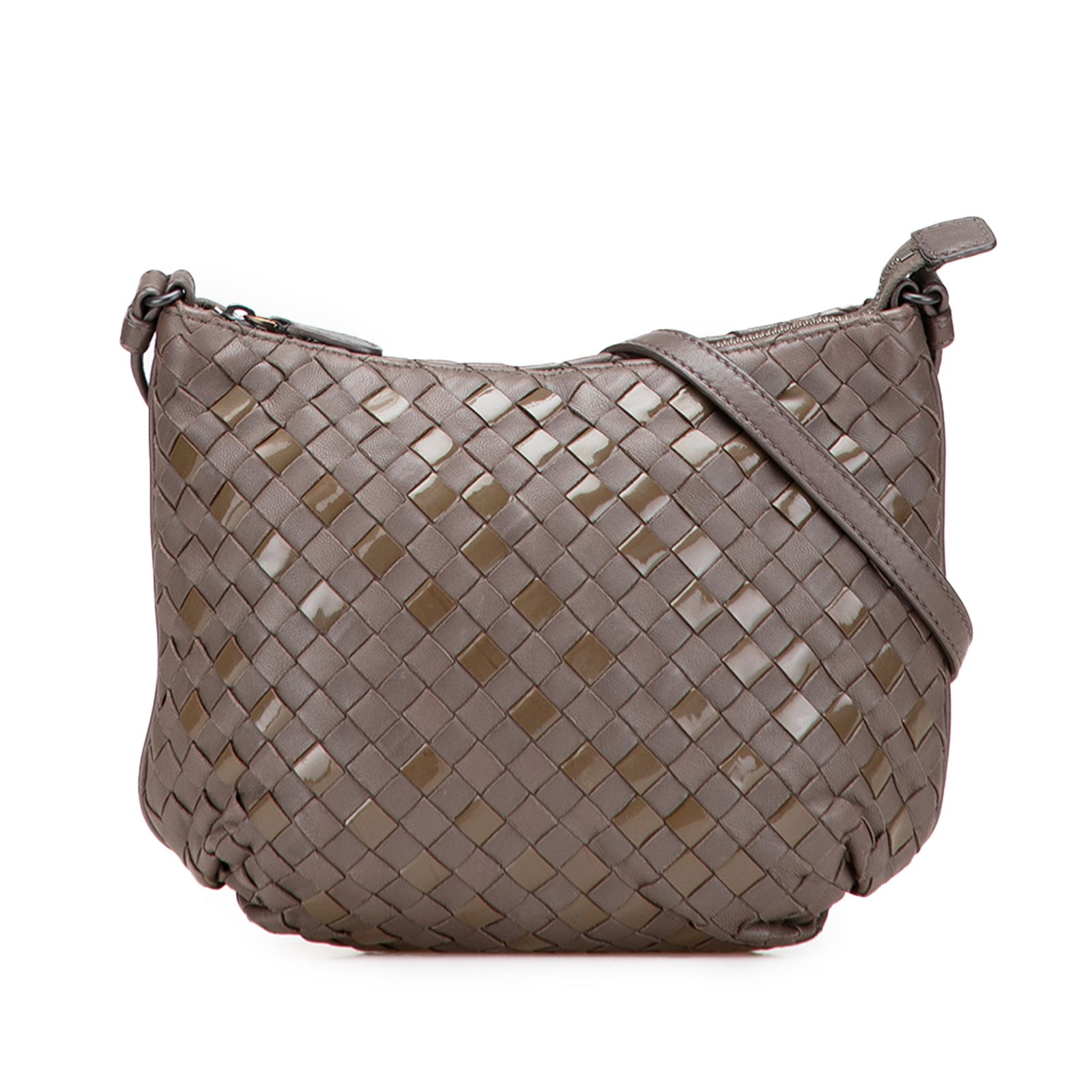 Bottega Veneta Brown Nappa Patent Intrecciato Crossbody Bag: Bottega Veneta Brown Nappa Patent Intrecciato Crossbody Bag This stylish crossbody bag showcases a sophisticated design featuring a woven nappa and patent leather body. It includes an adjustable flat