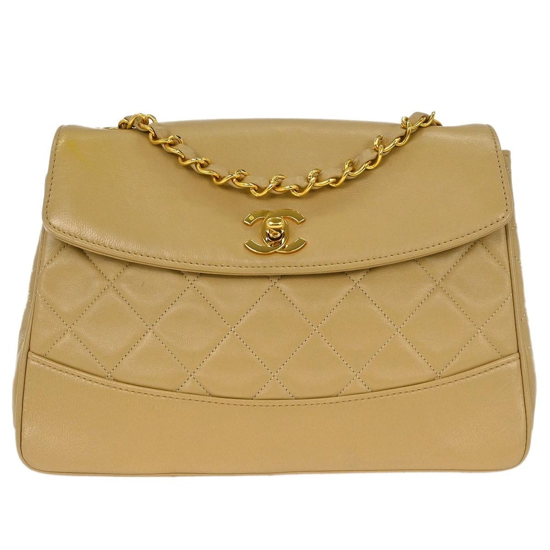Beige Lambskin Medium Classic Single Flap Shoulder Bag by Chanel: Beige Lambskin Medium Classic Single Flap Shoulder Bag by Chanel This is a Chanel Classic single flap shoulder bag crafted from beige lambskin leather. It features a turn lock closure, a shoulder stra